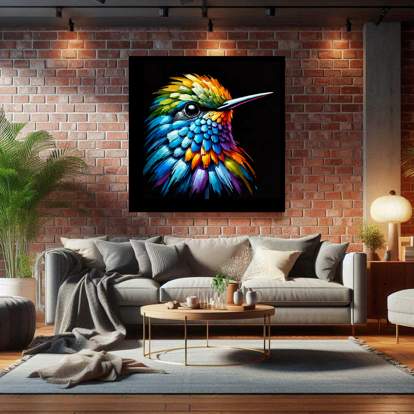 Large Hummingbird canvas on brick wall above grey sofa - bold bird portrait UK living room
