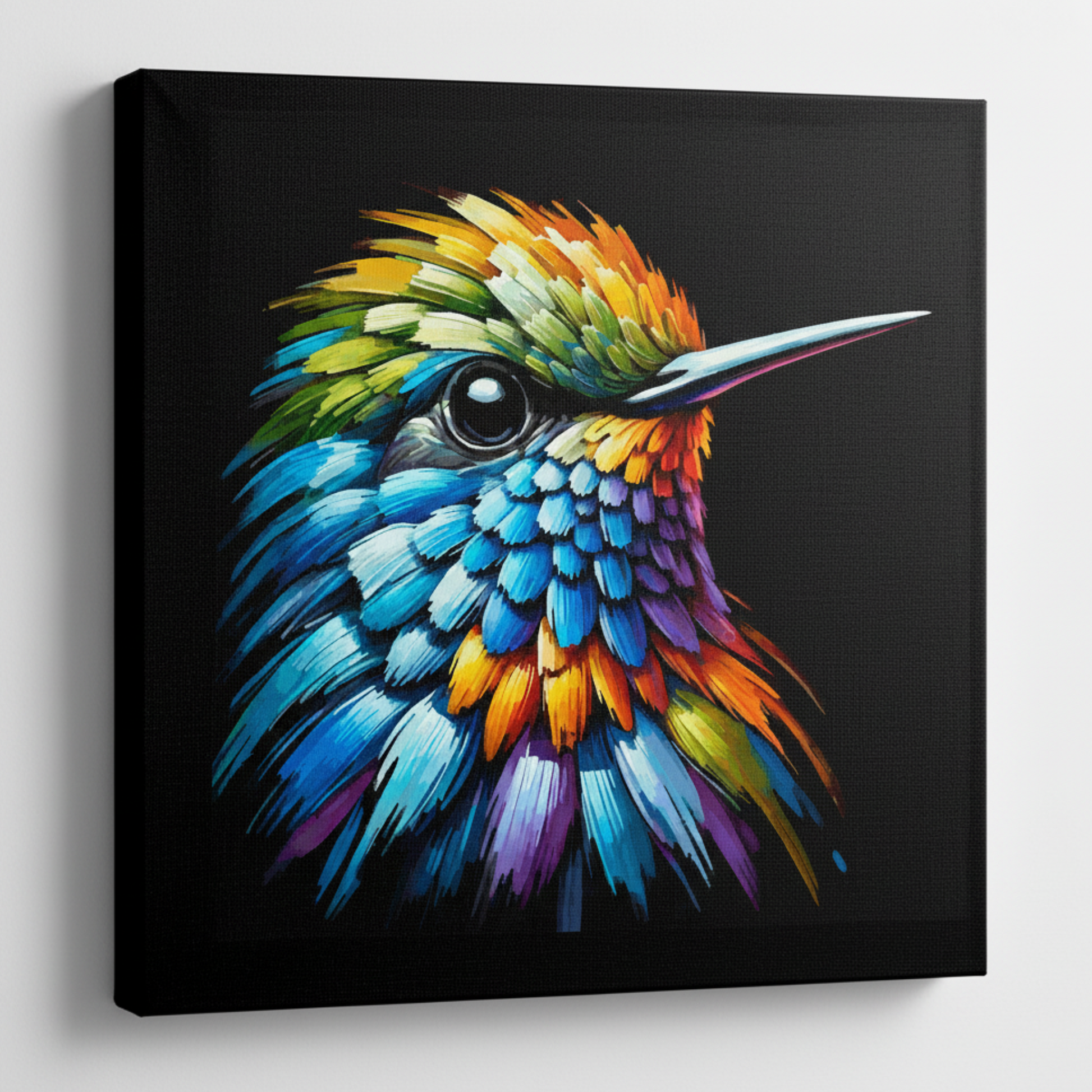 Colourful Hummingbird portrait canvas print - UK made abstract wildlife wall art black background