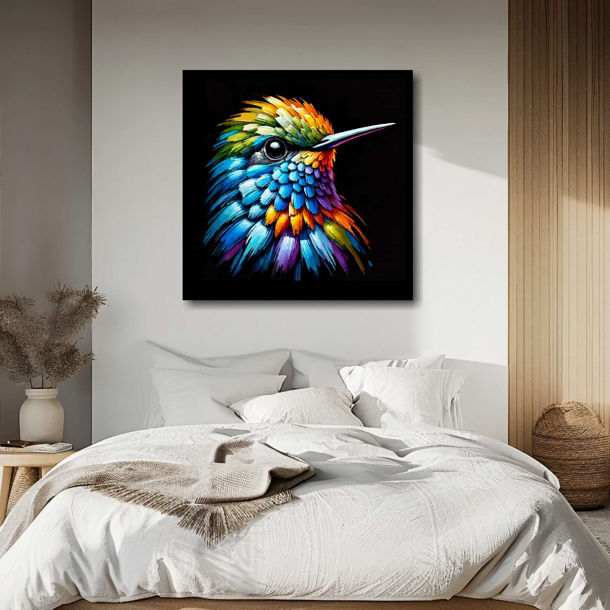 Hummingbird portrait canvas above bed - colourful bird wall decor for UK bedrooms