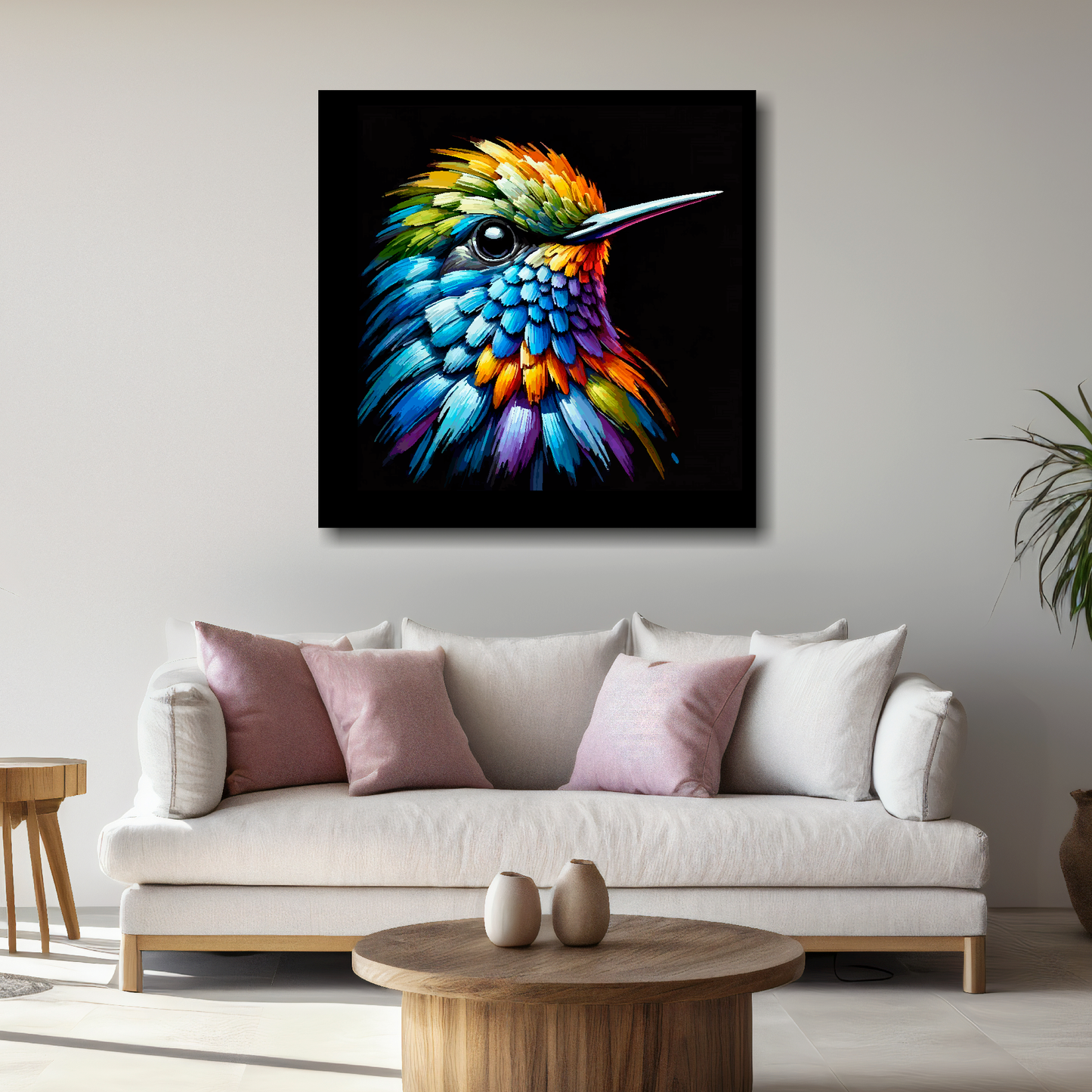 Large Hummingbird canvas above white sofa - vibrant abstract bird portrait wall art UK