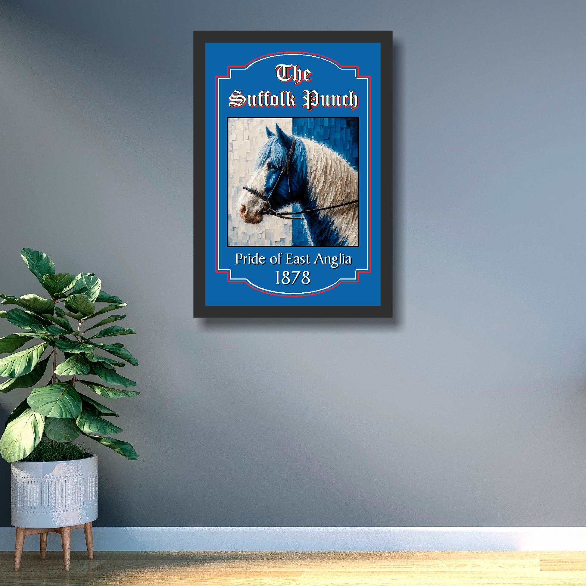 Ipswich Town medium framed print of a horse with 'The Suffolk Punch' text on a blue background