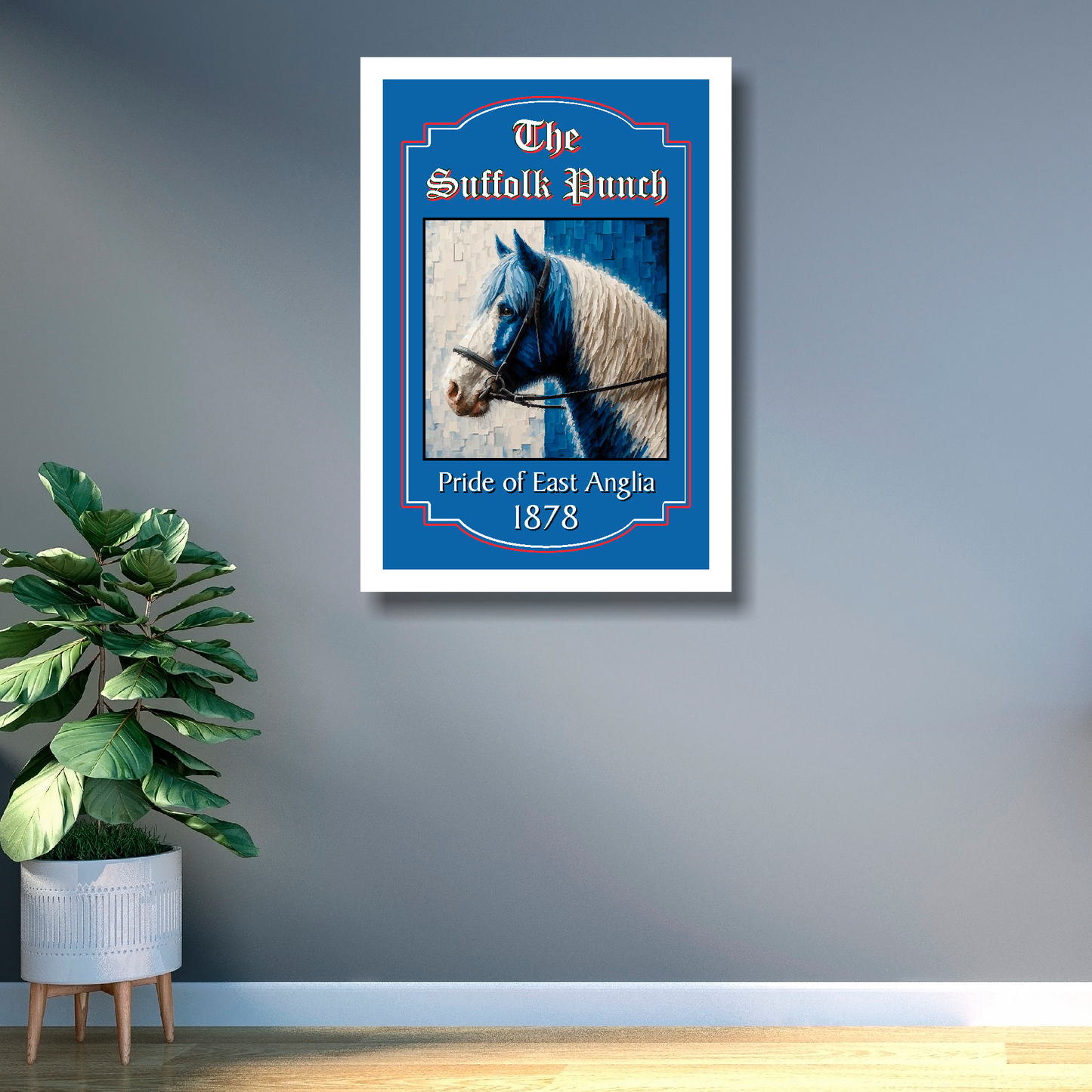 Ipswich Town white framed print of a horse with 'The Suffolk Punch' text on a blue background