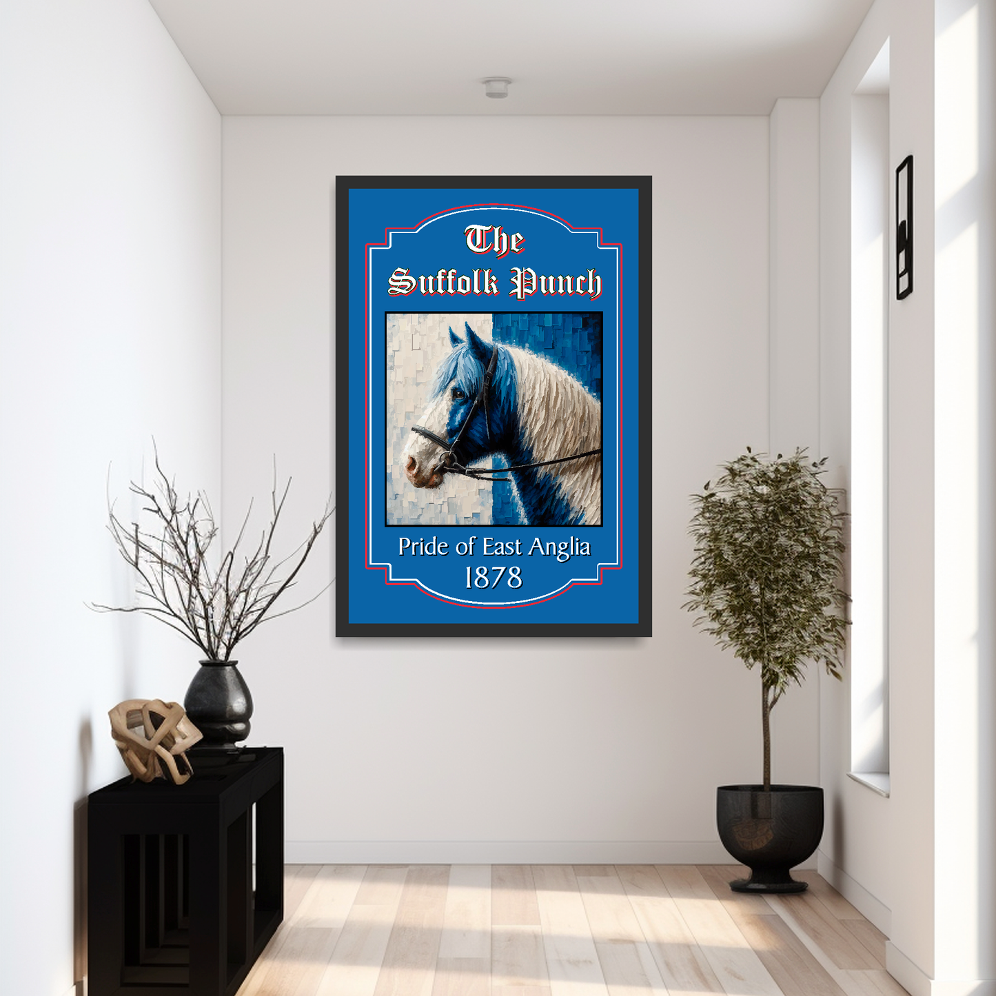Ipswich Town Suffolk Punch horse framed artwork on a wall in a modern hallway