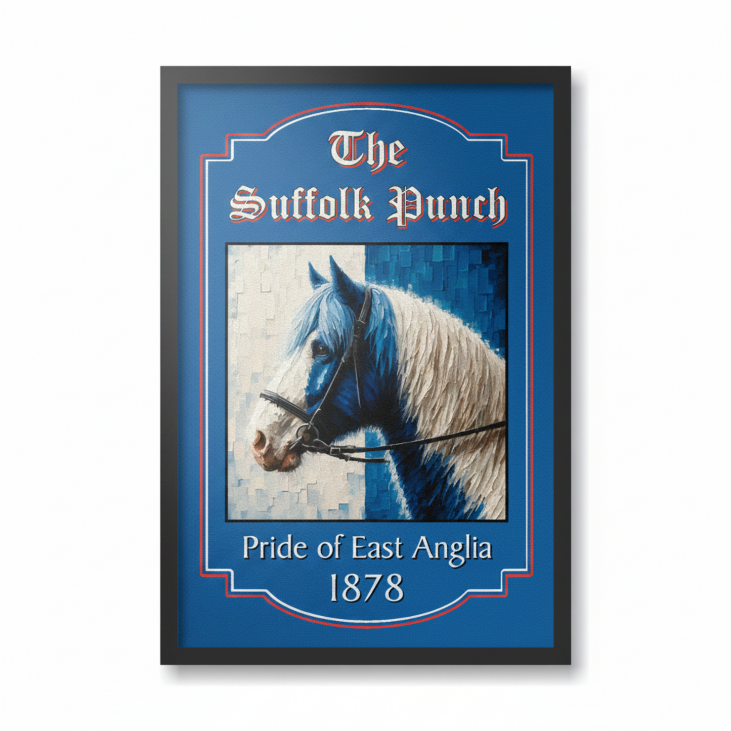 Ipswich Town black framed print of a horse with 'The Suffolk Punch' text on a blue background