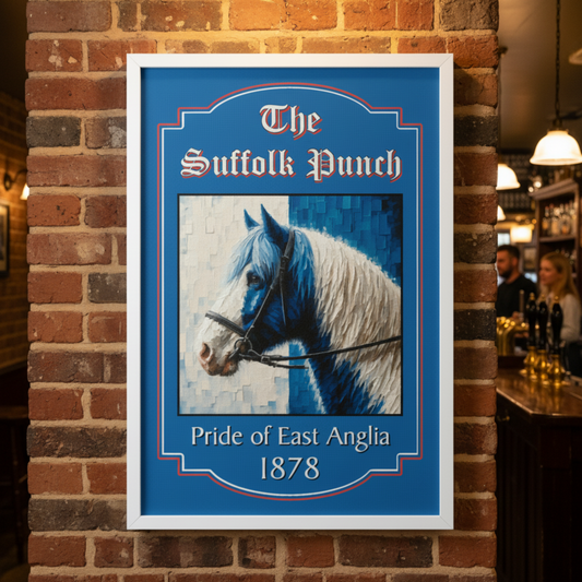 Ipswich Town FC pub sign 'The Suffolk Punch' with horse illustration in a bar setting