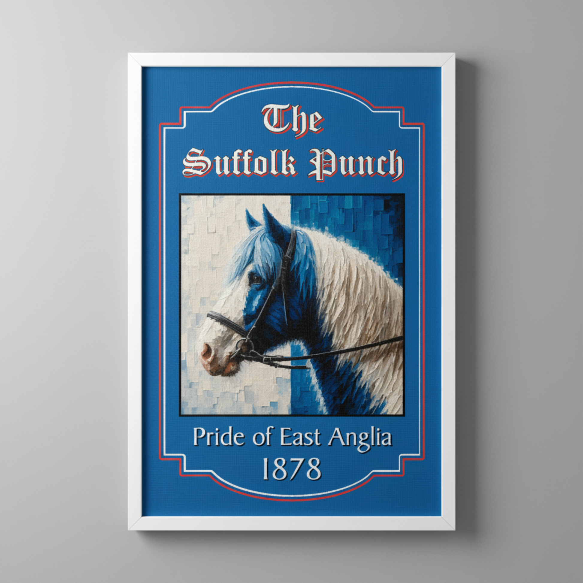 Ipswich Town framed print of a horse with 'The Suffolk Punch' text on a blue background