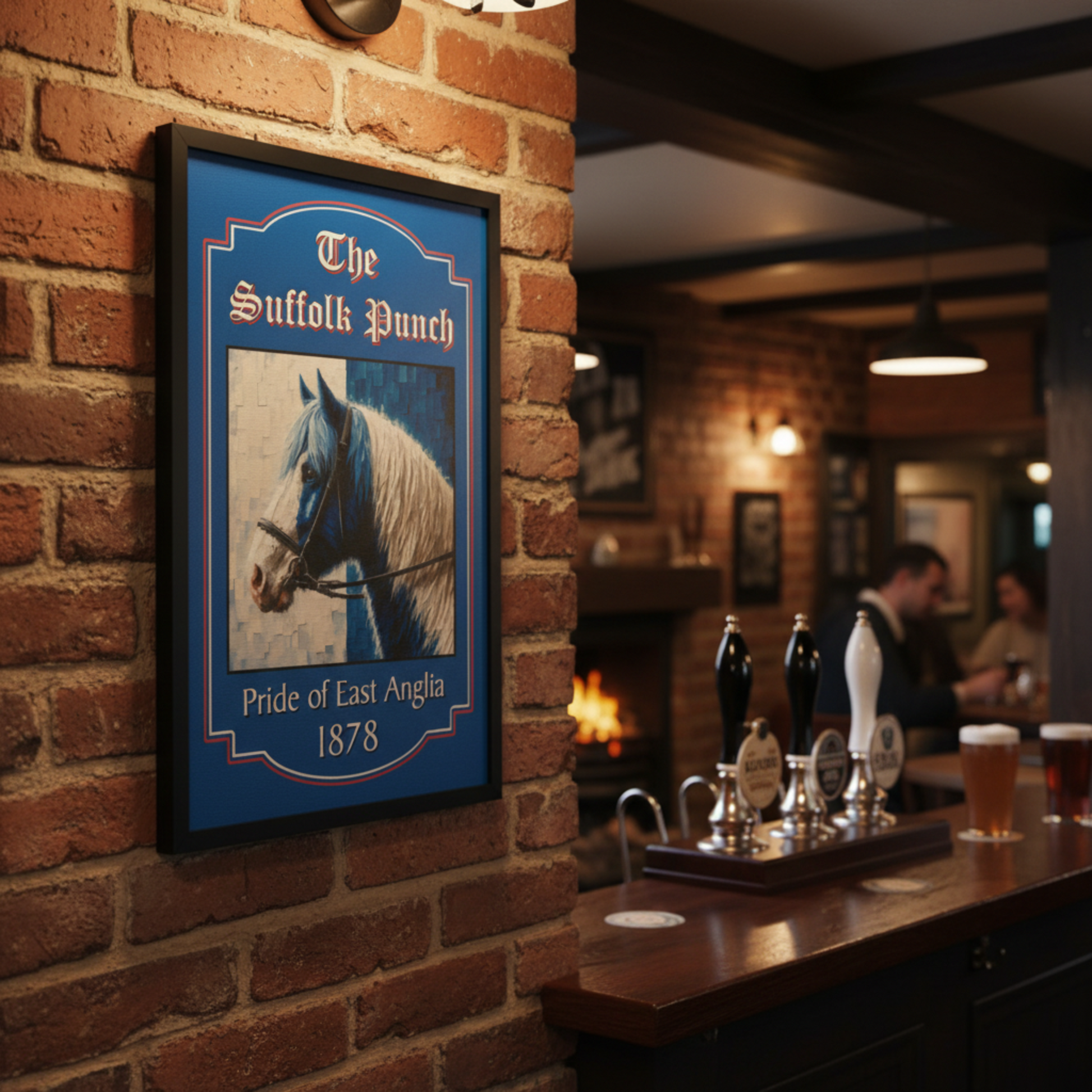Ipswich Town FC inspired pub sign 'The Suffolk Punch' with horse illustration in a bar setting