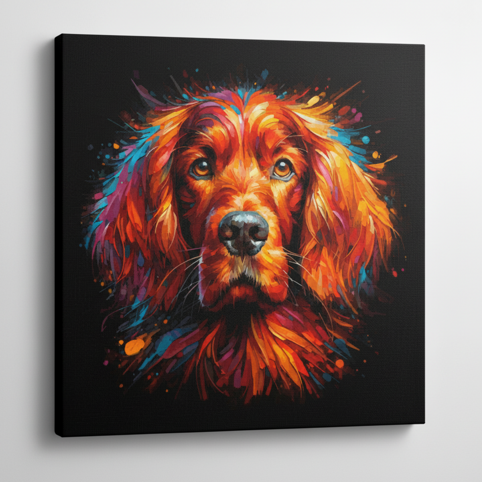 Colourful Irish Setter dog portrait canvas print - UK made abstract pet wall art black background