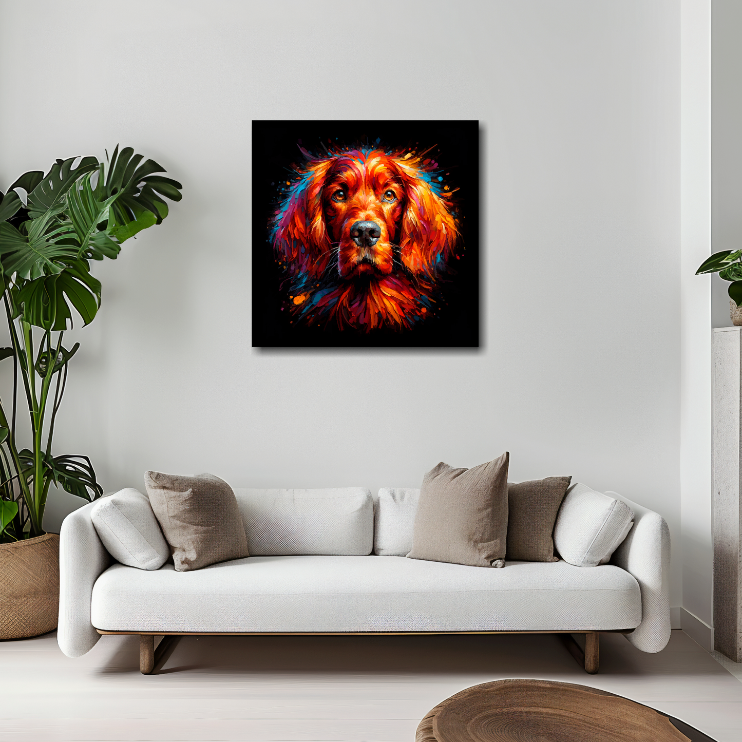 Irish Setter canvas 20x20 inches above white sofa - vibrant dog portrait wall art UK