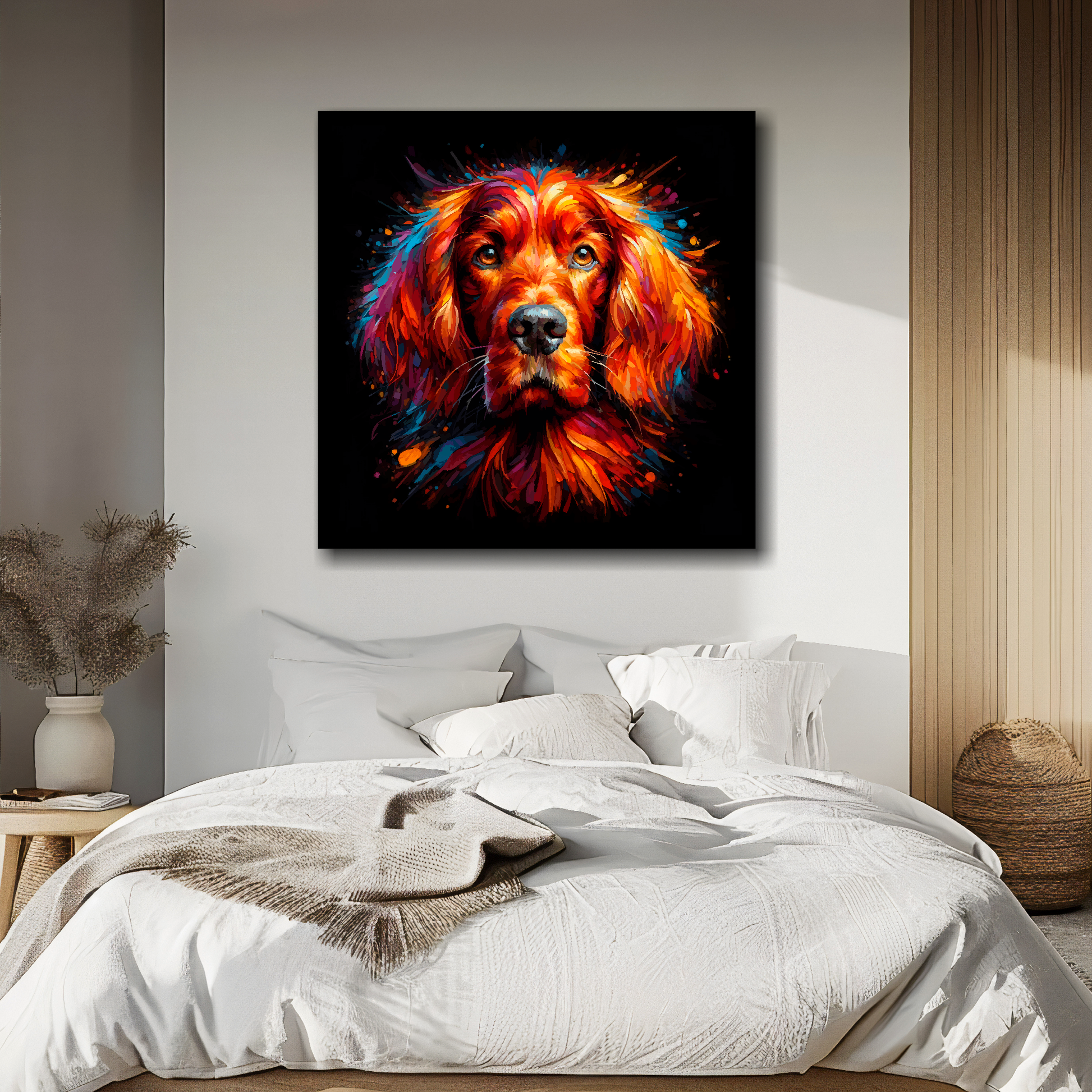 Irish Setter portrait canvas above bed - colourful dog wall decor for UK bedrooms