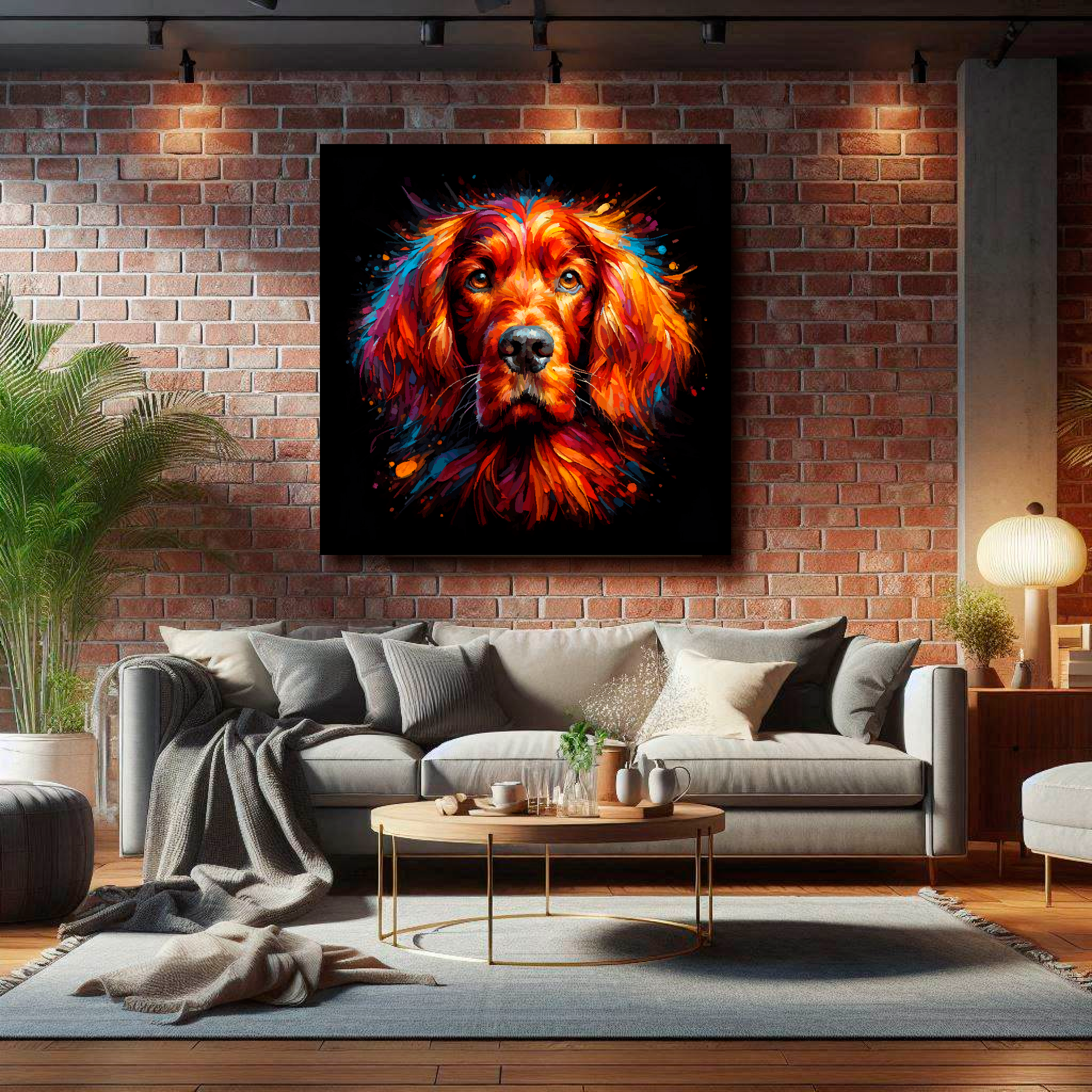 Large Irish Setter canvas on brick wall above grey sofa - bold dog portrait UK living room