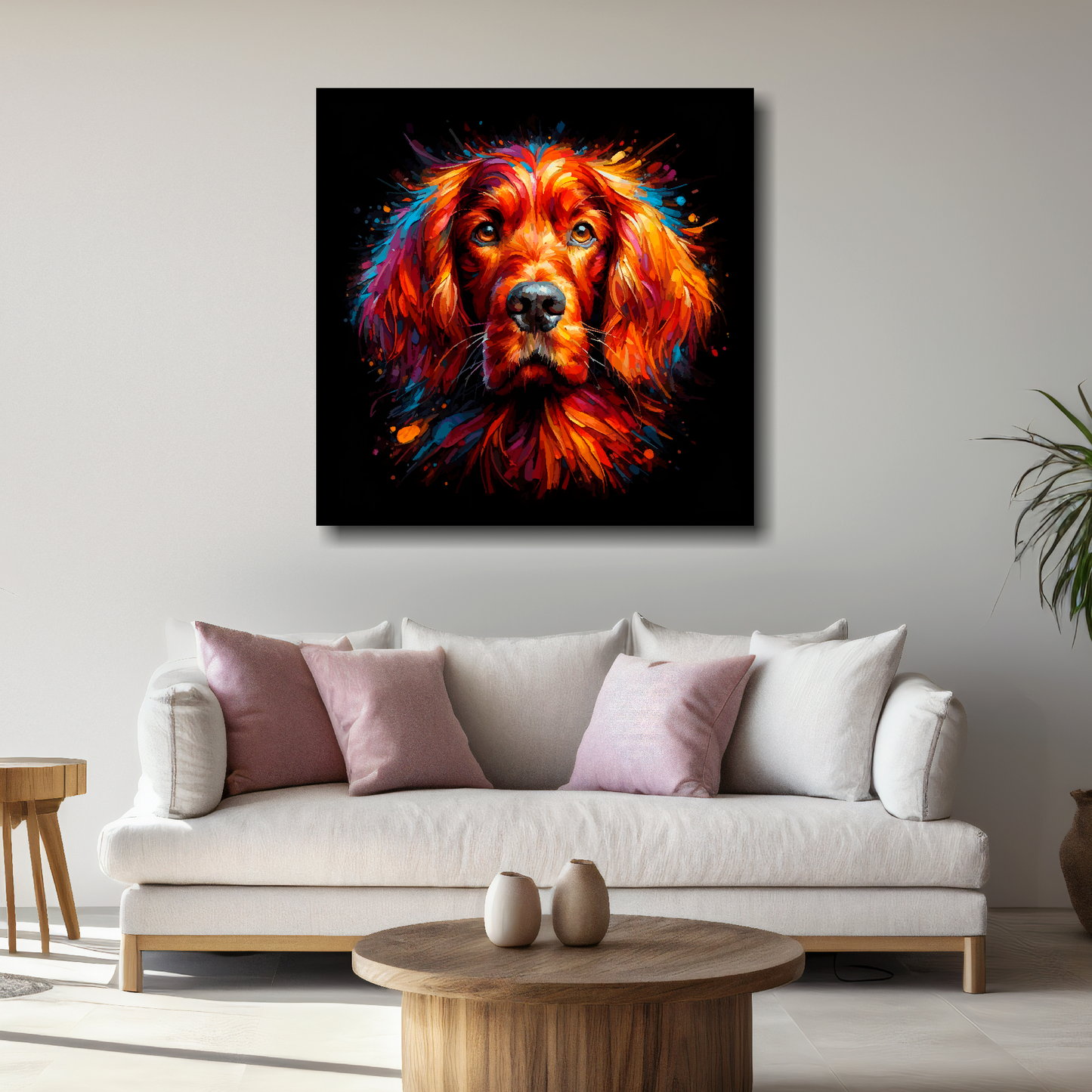 Large Irish Setter canvas above white sofa - vibrant abstract dog portrait wall art UK