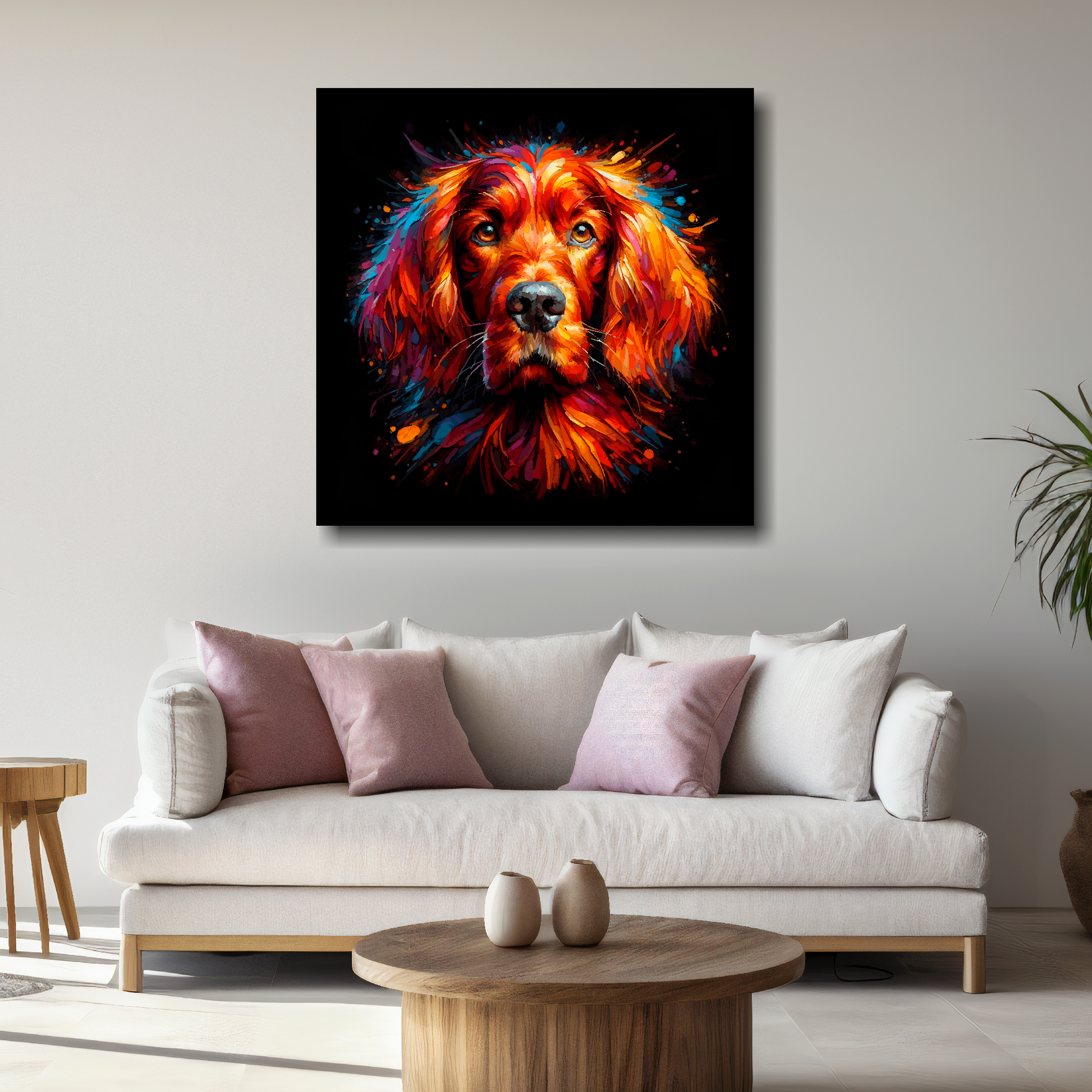 Large Irish Setter canvas above white sofa - vibrant abstract dog portrait wall art UK