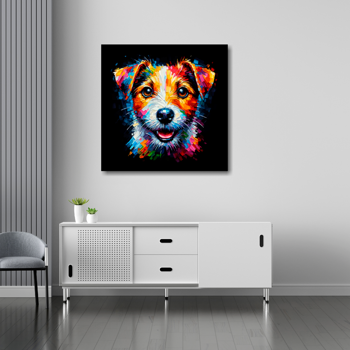 Jack Russell Terrier canvas 30x30 inches above sideboard - large colourful dog portrait UK made