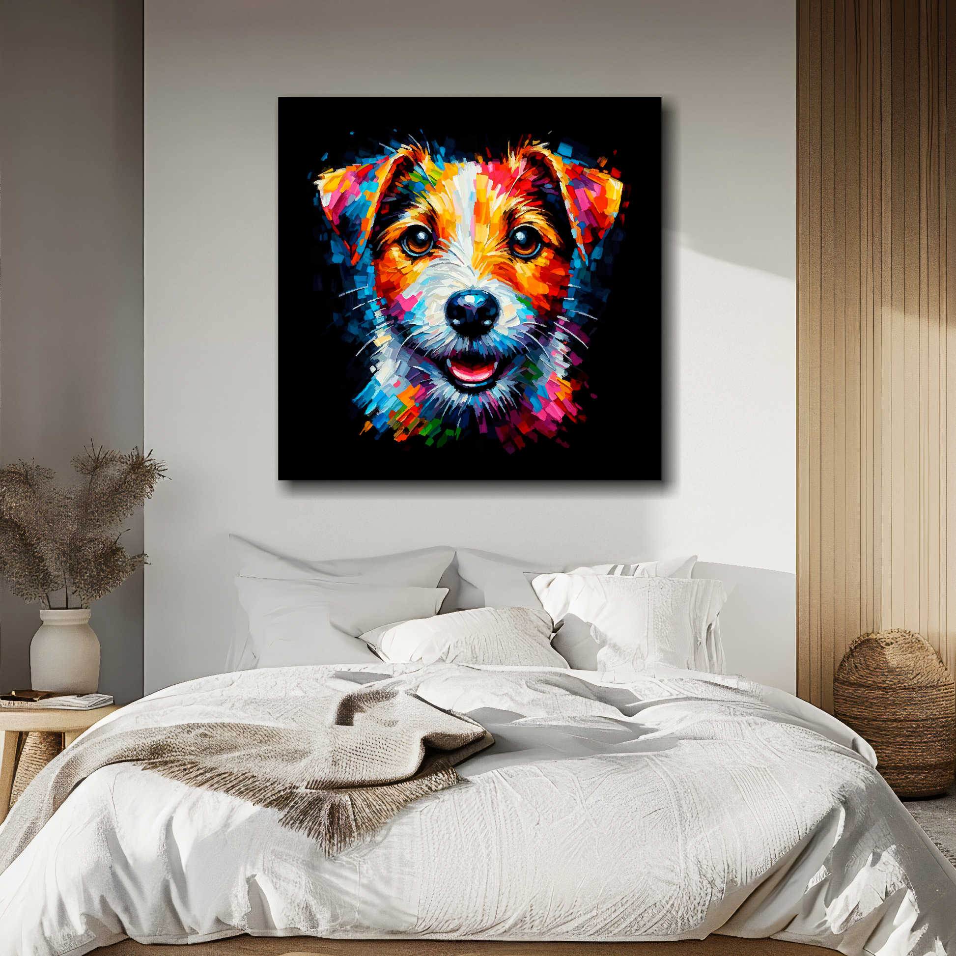 Jack Russell Terrier portrait canvas above bed - colourful dog wall decor for UK bedrooms