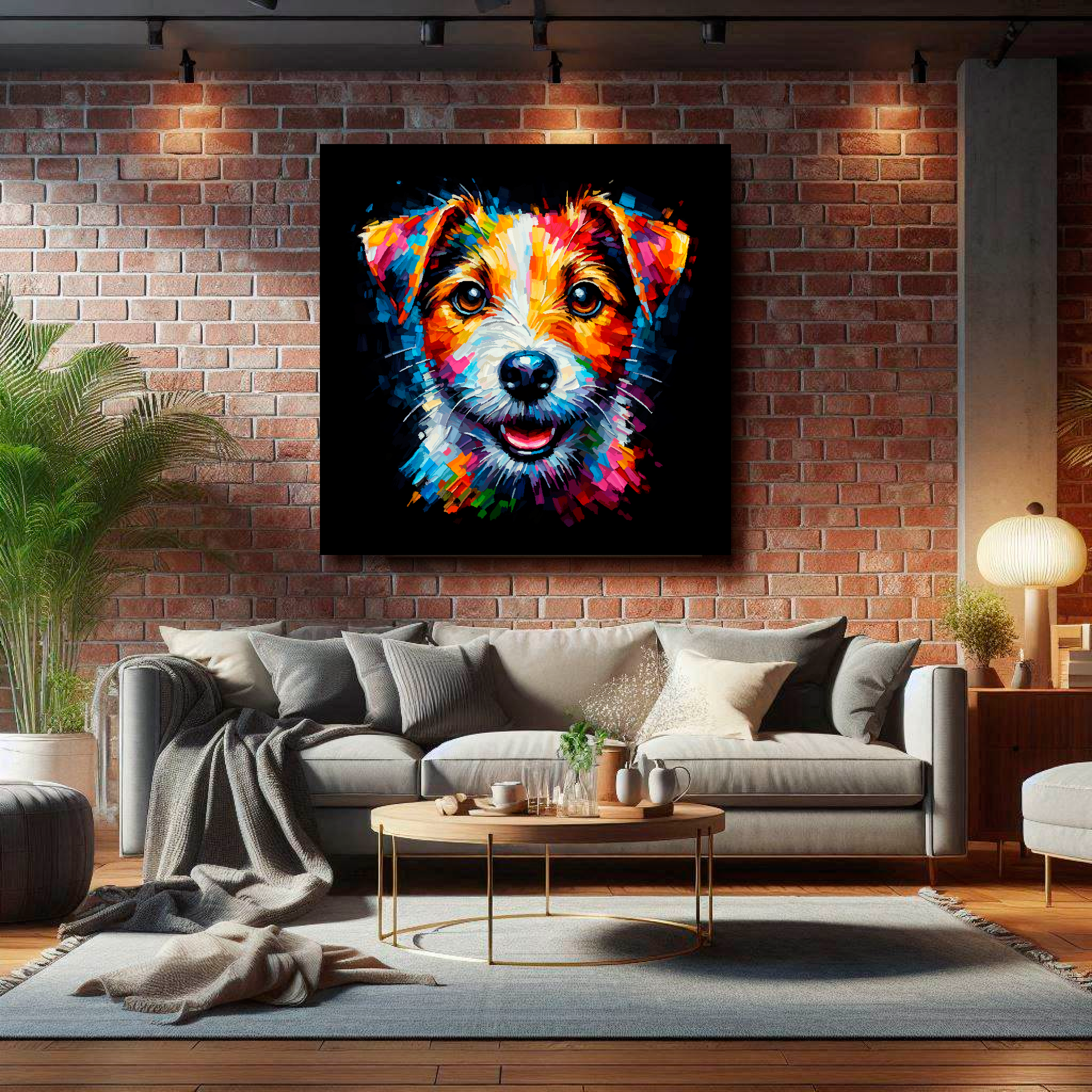 Large Jack Russell Terrier canvas on brick wall above grey sofa - bold dog portrait UK living room