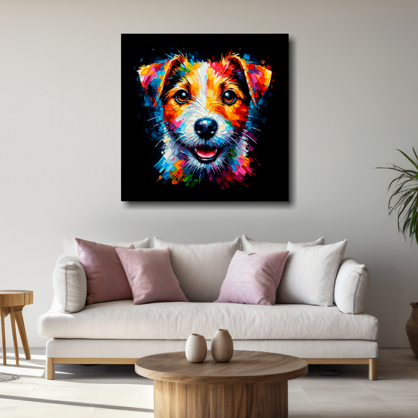 Large Jack Russell Terrier canvas above white sofa - vibrant abstract dog portrait wall art UK