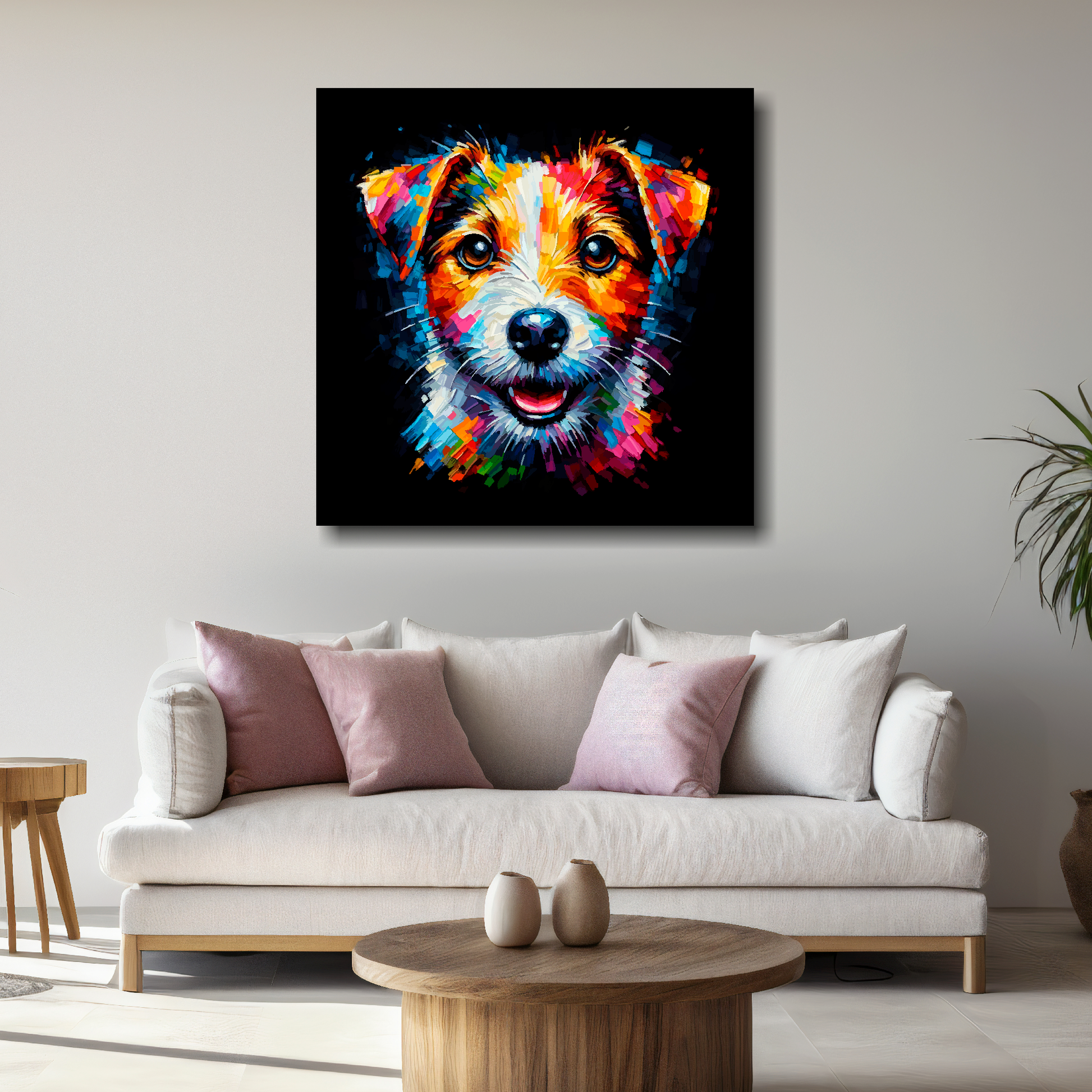 Large Jack Russell Terrier canvas above white sofa - vibrant abstract dog portrait wall art UK