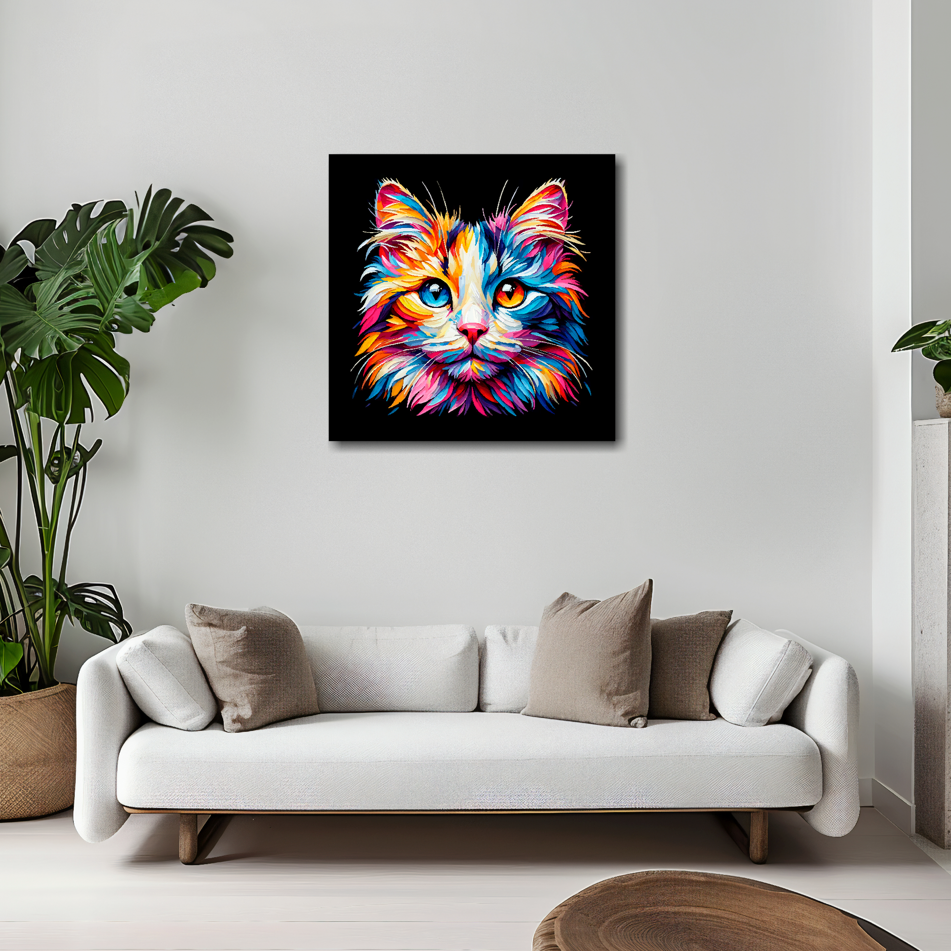 Japanese Bobtail cat canvas 20x20 inches above white sofa - vibrant cat portrait wall art UK