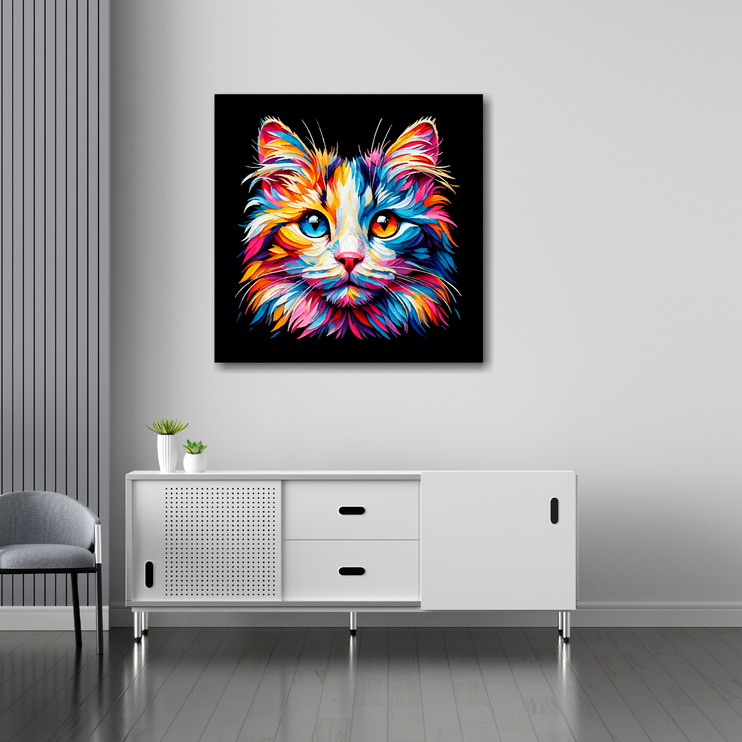 Japanese Bobtail cat canvas 30x30 inches above sideboard - large colourful cat portrait UK made