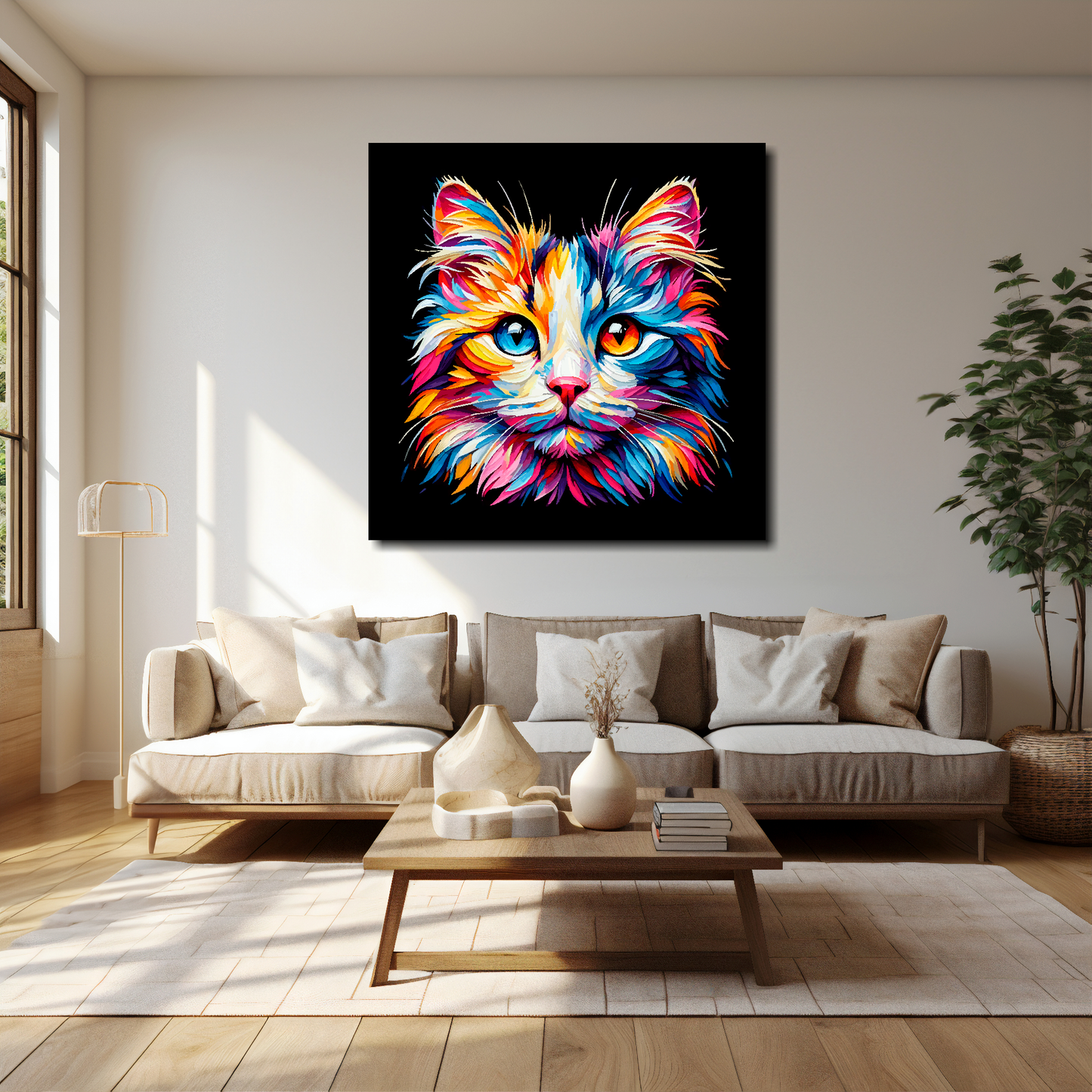 Japanese Bobtail cat canvas 40x40 inches above cream sofa - XL vibrant cat wall art UK