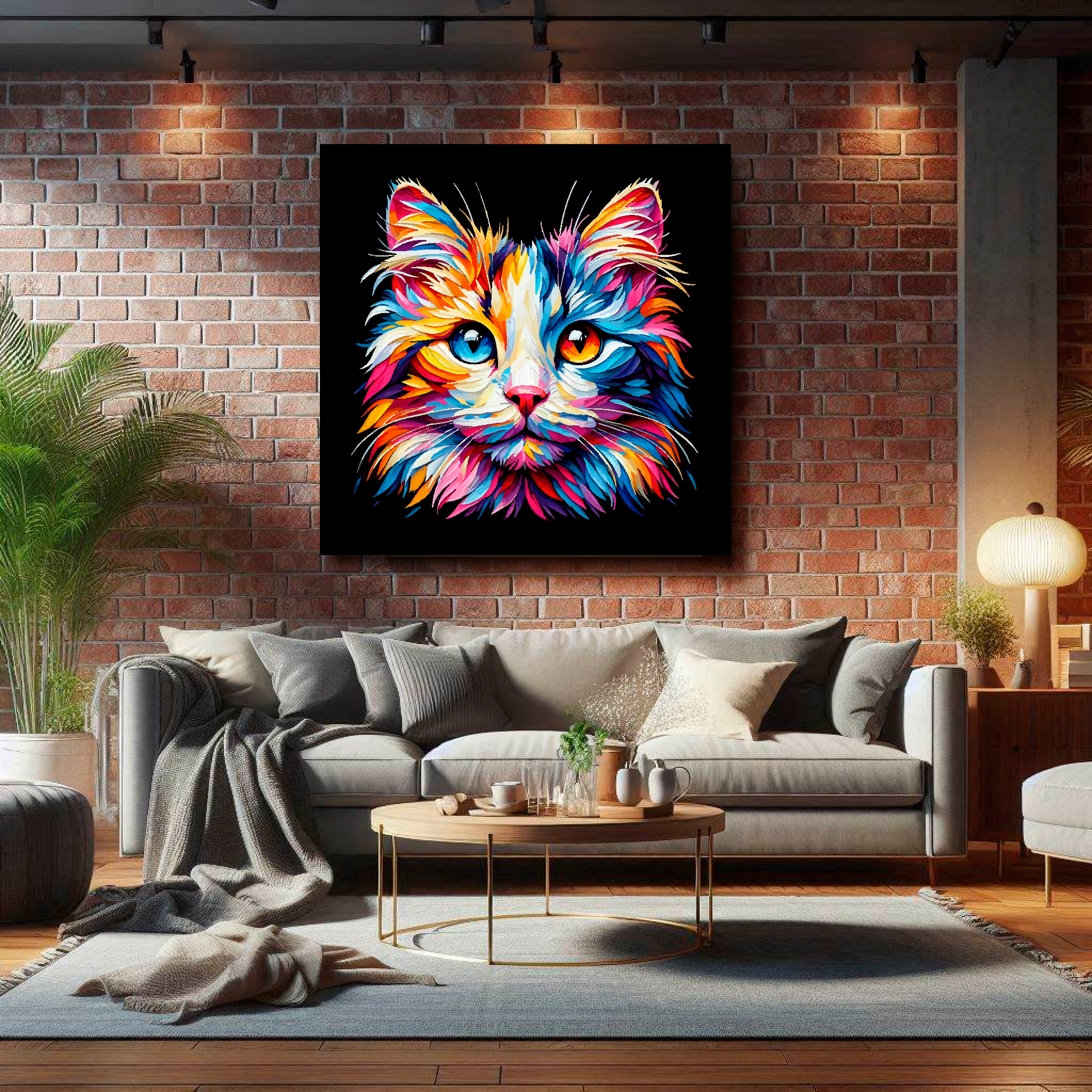 Large Japanese Bobtail cat canvas on brick wall above grey sofa - bold cat portrait UK living room