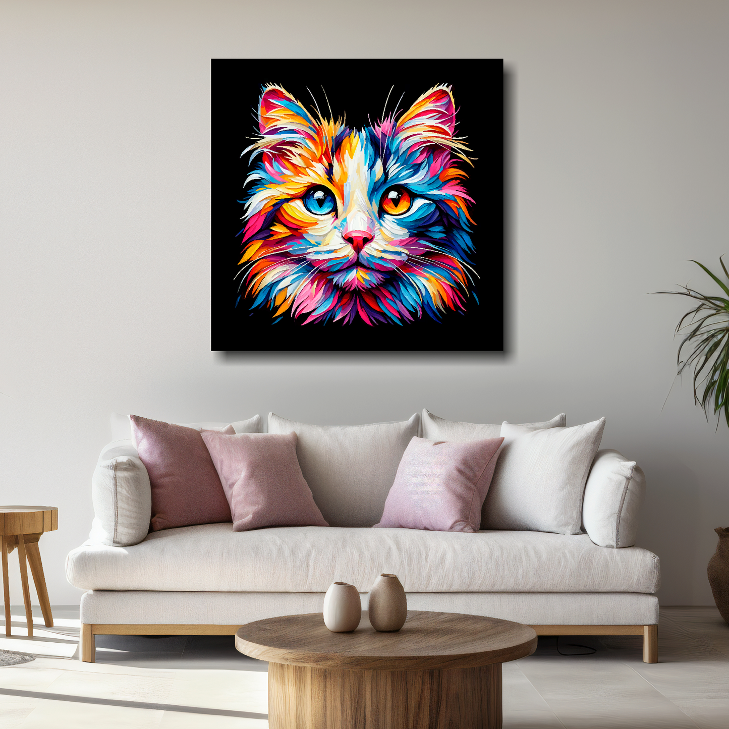 Large Japanese Bobtail cat canvas above white sofa - vibrant abstract cat portrait wall art UK