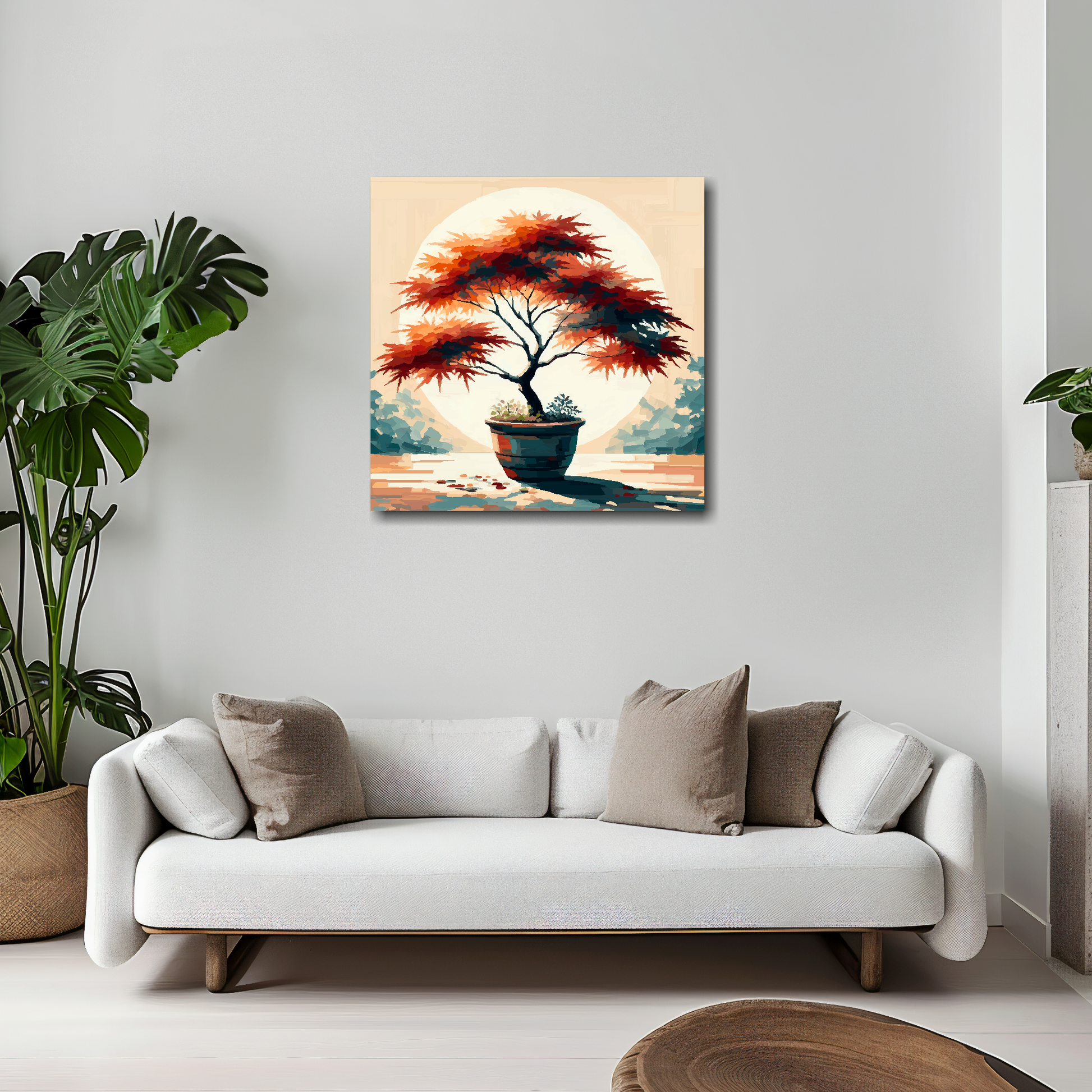 Japanese maple tree canvas 20x20 inches above white sofa - vibrant botanical wall art UK