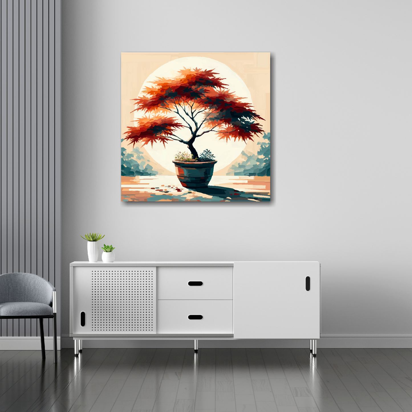 Japanese maple tree canvas 30x30 inches above sideboard - large colourful botanical art UK made