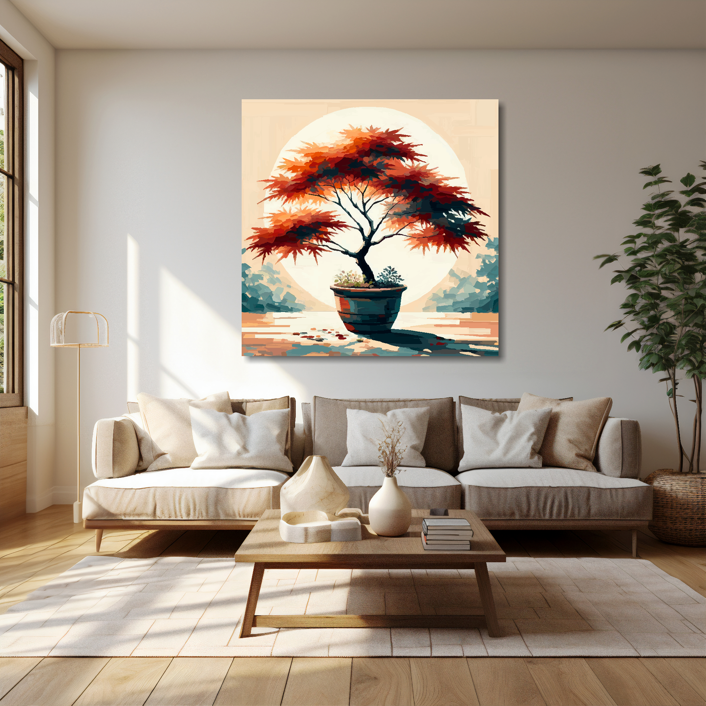 Japanese maple tree canvas 40x40 inches above cream sofa - XL vibrant botanical wall art UK