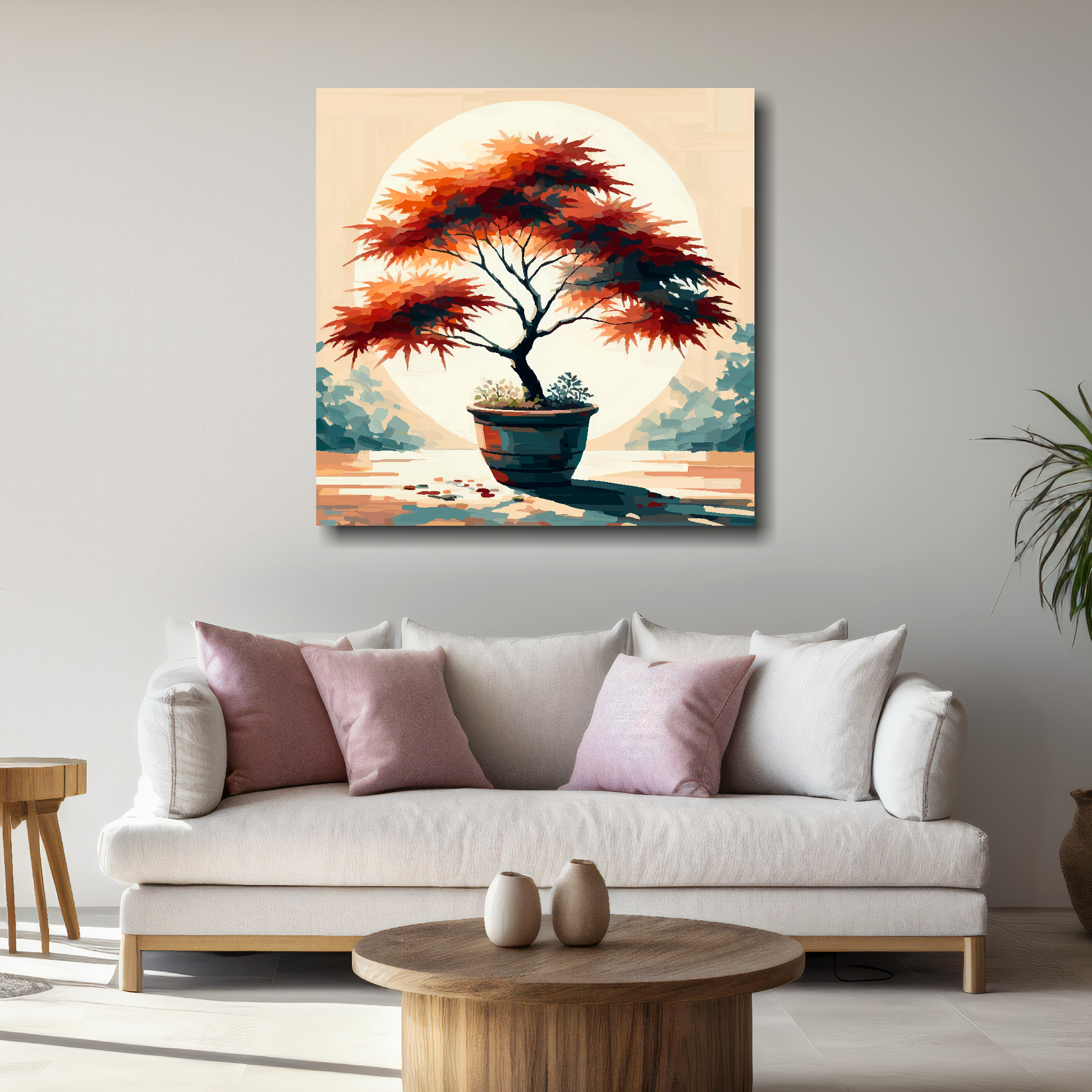 Large Japanese maple tree canvas above white sofa - vibrant abstract botanical wall art UK