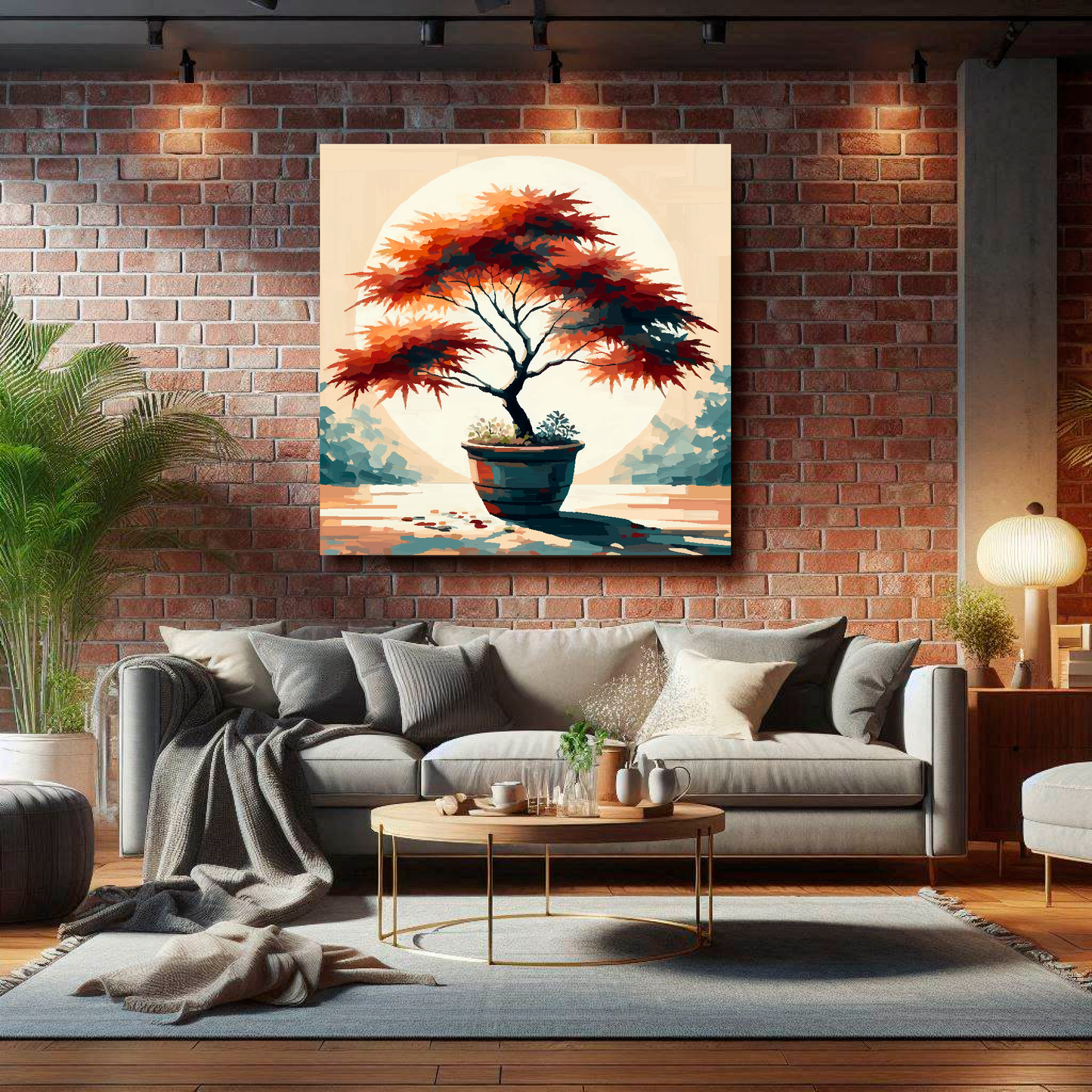 Large Japanese maple tree canvas on brick wall above grey sofa - bold botanical art UK living room