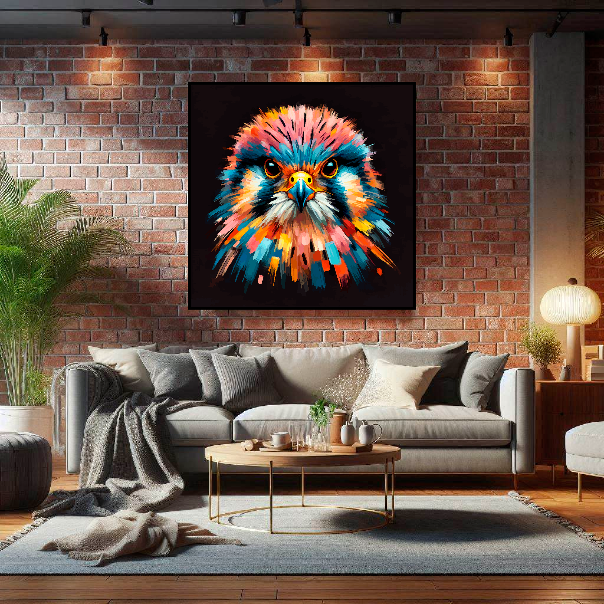 Large Kestrel canvas on brick wall above grey sofa - bold bird portrait UK living room