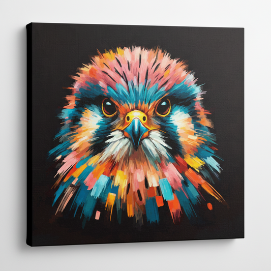 Colourful Kestrel bird portrait canvas print - UK made abstract wildlife wall art black background