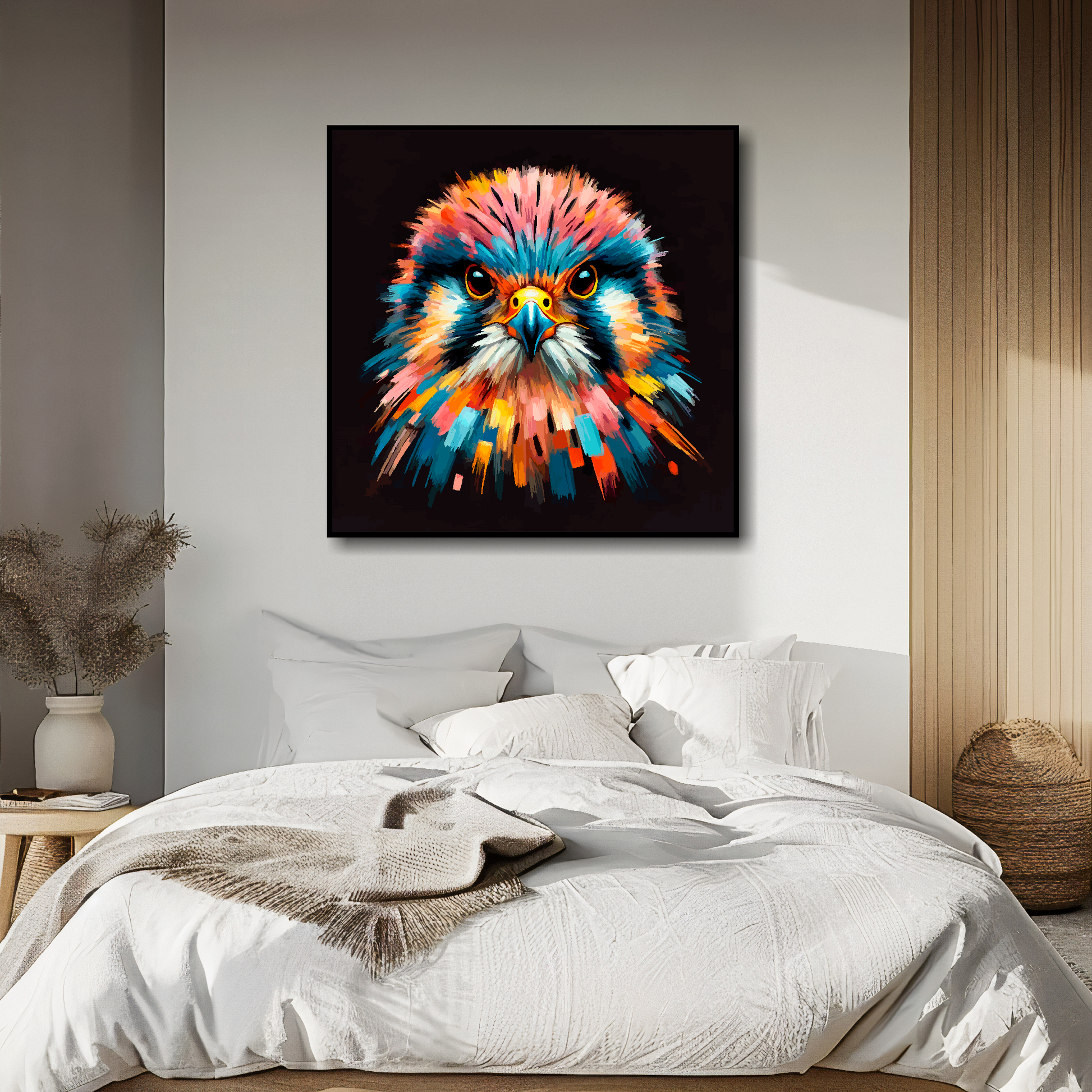 Kestrel portrait canvas above bed - colourful bird wall decor for UK bedrooms