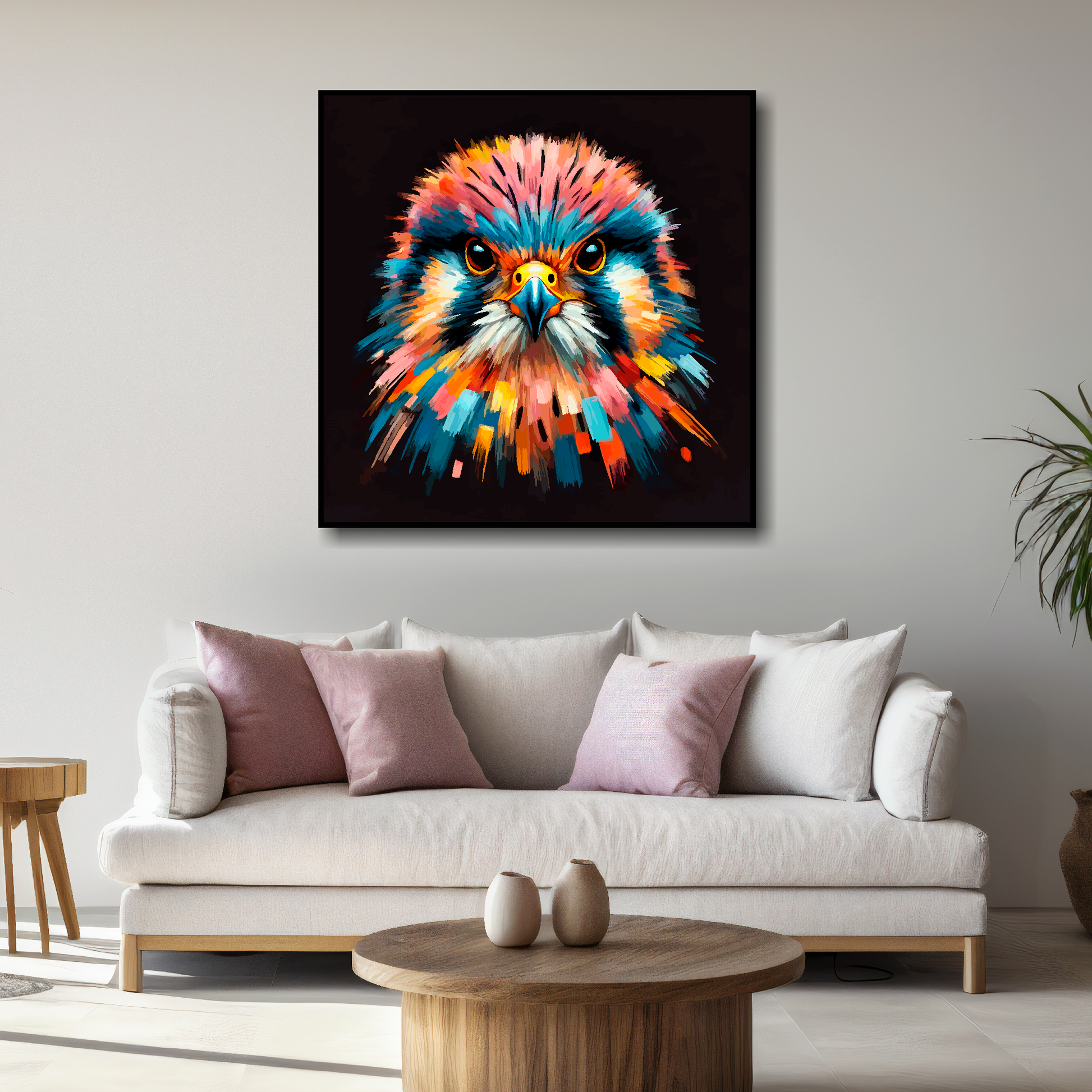 Large Kestrel canvas above white sofa - vibrant abstract bird portrait wall art UK