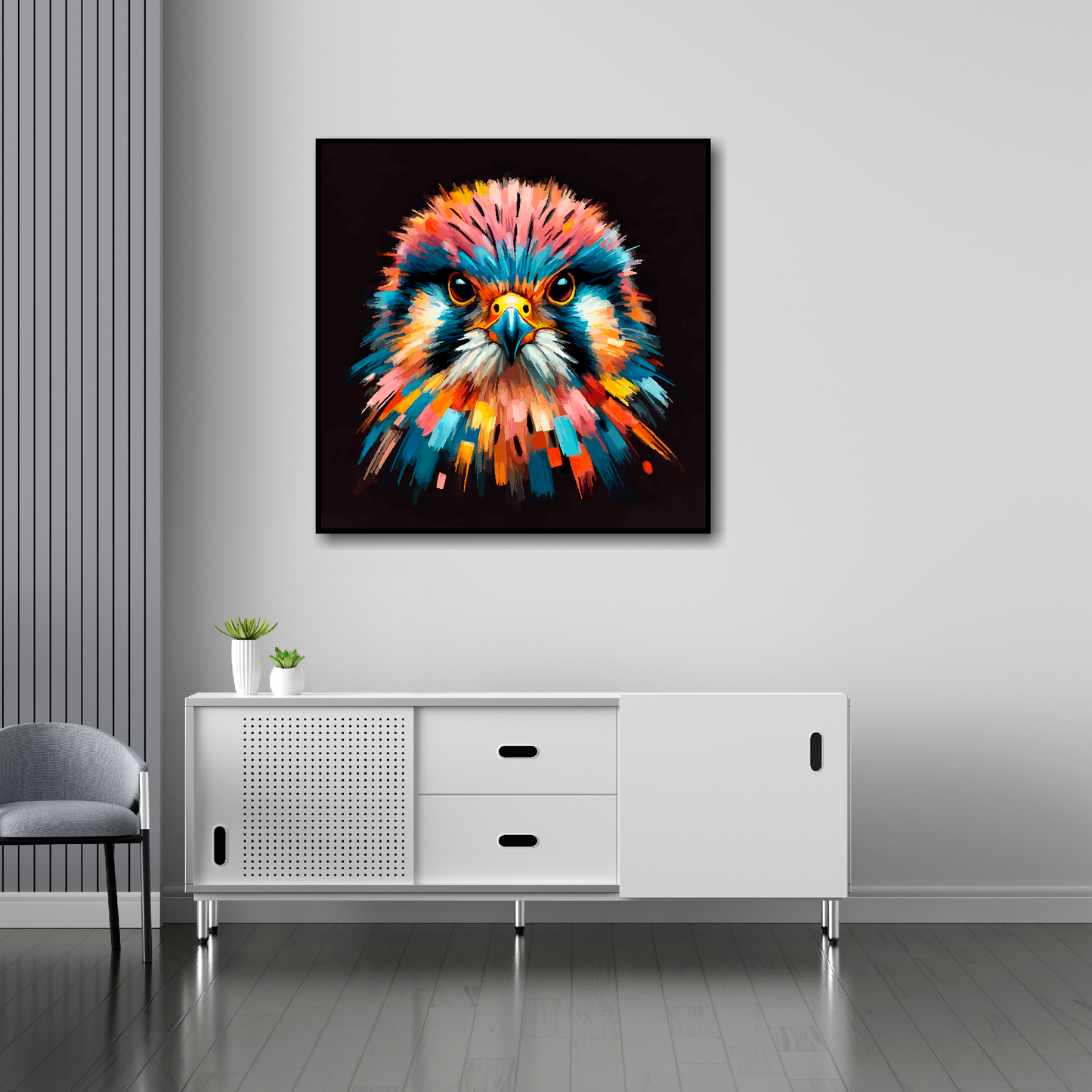Kestrel canvas 30x30 inches above sideboard - large colourful bird portrait UK made
