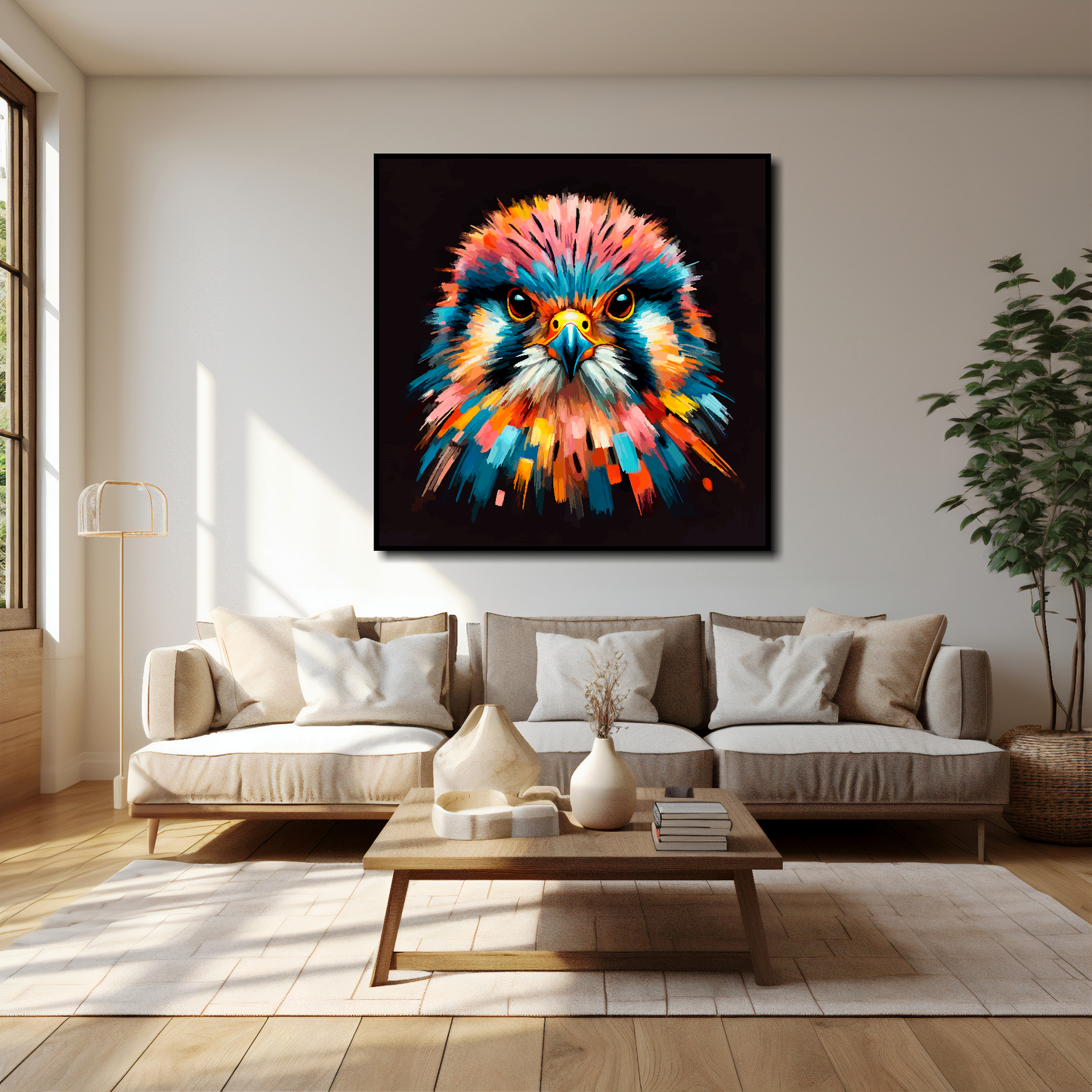 Kestrel canvas 40x40 inches above cream sofa - XL vibrant bird wall art UK