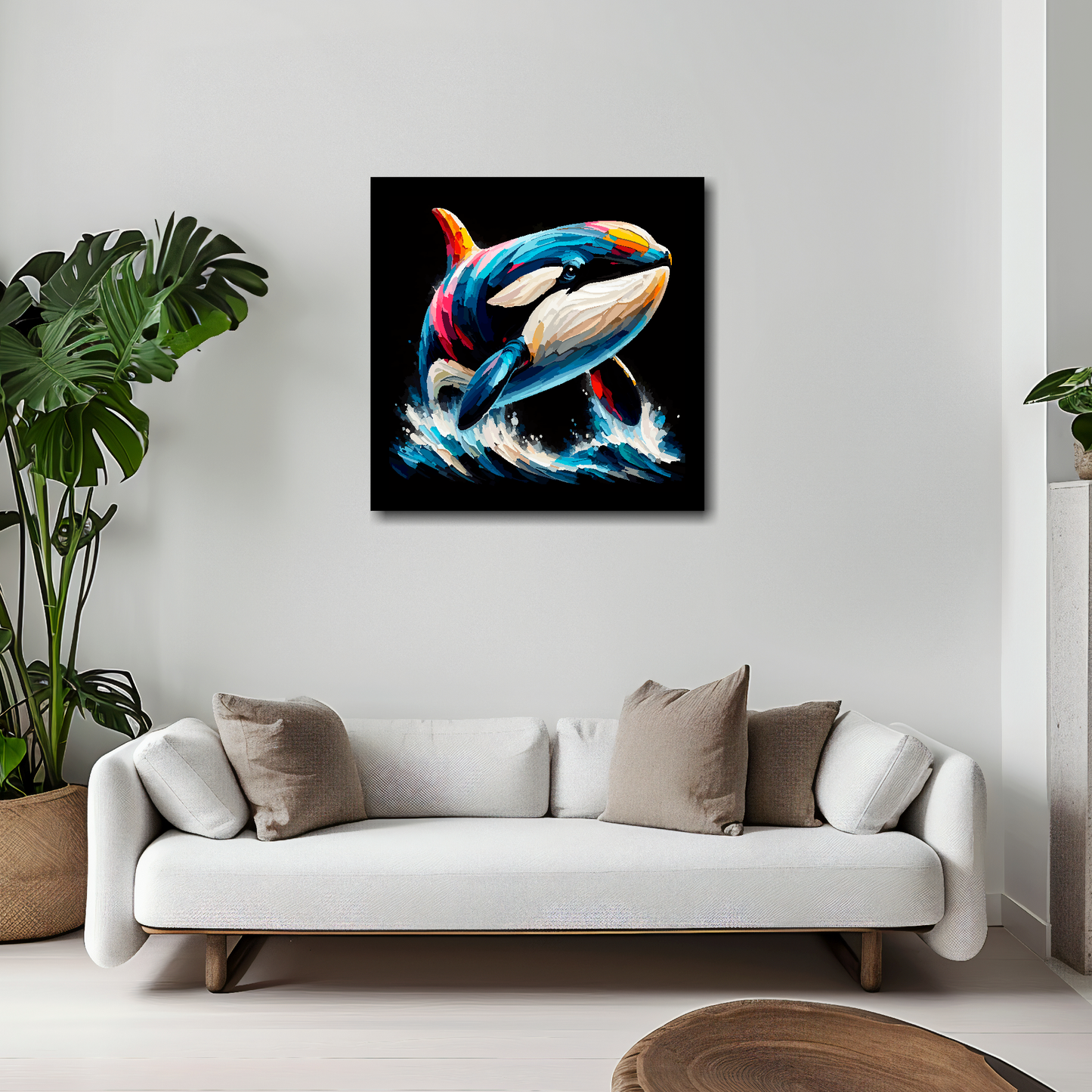 Killer Whale canvas 20x20 inches above white sofa - vibrant wildlife portrait wall art UK