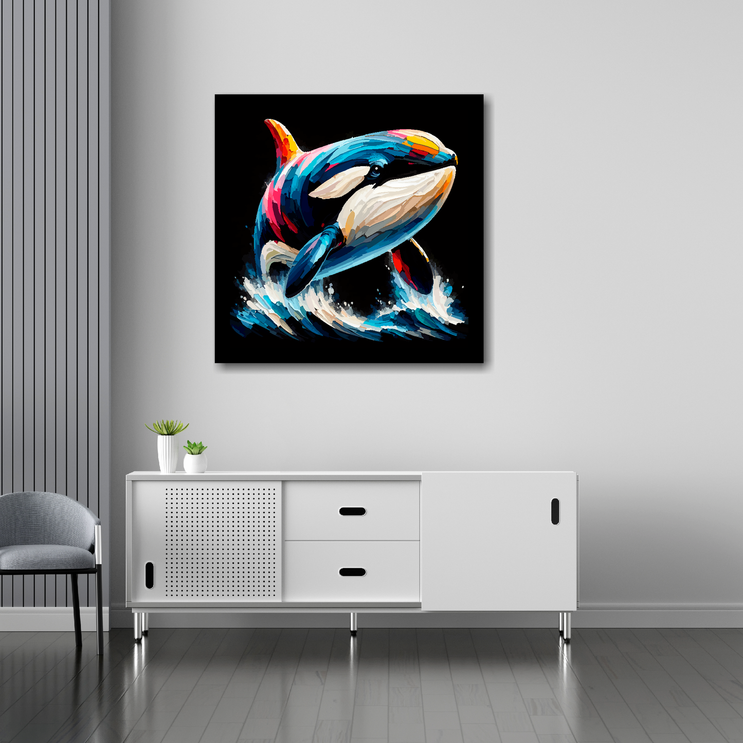 Killer Whale canvas 30x30 inches above sideboard - large colourful wildlife portrait UK made