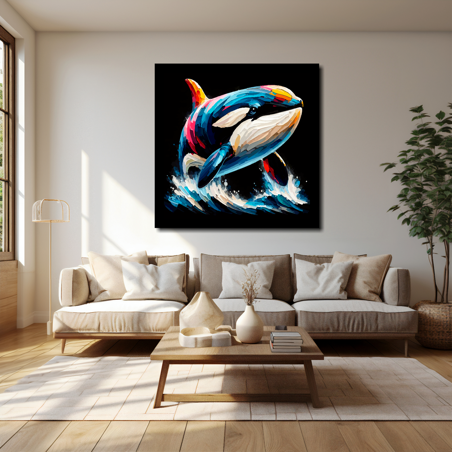 Killer Whale canvas 40x40 inches above cream sofa - XL vibrant wildlife wall art UK