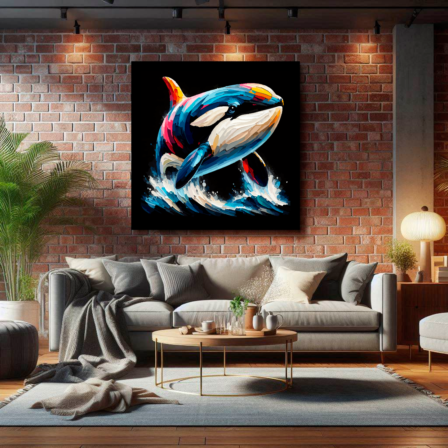 Large Killer Whale canvas on brick wall above grey sofa - bold wildlife portrait UK living room