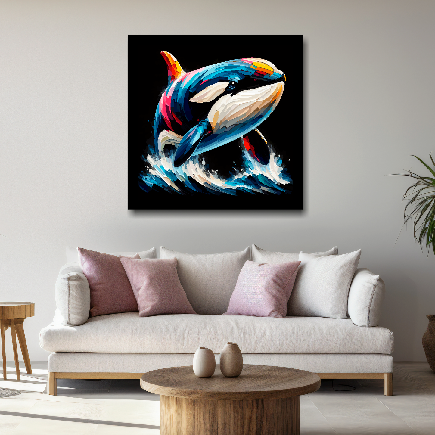 Large Killer Whale canvas above white sofa - vibrant abstract wildlife portrait wall art UK