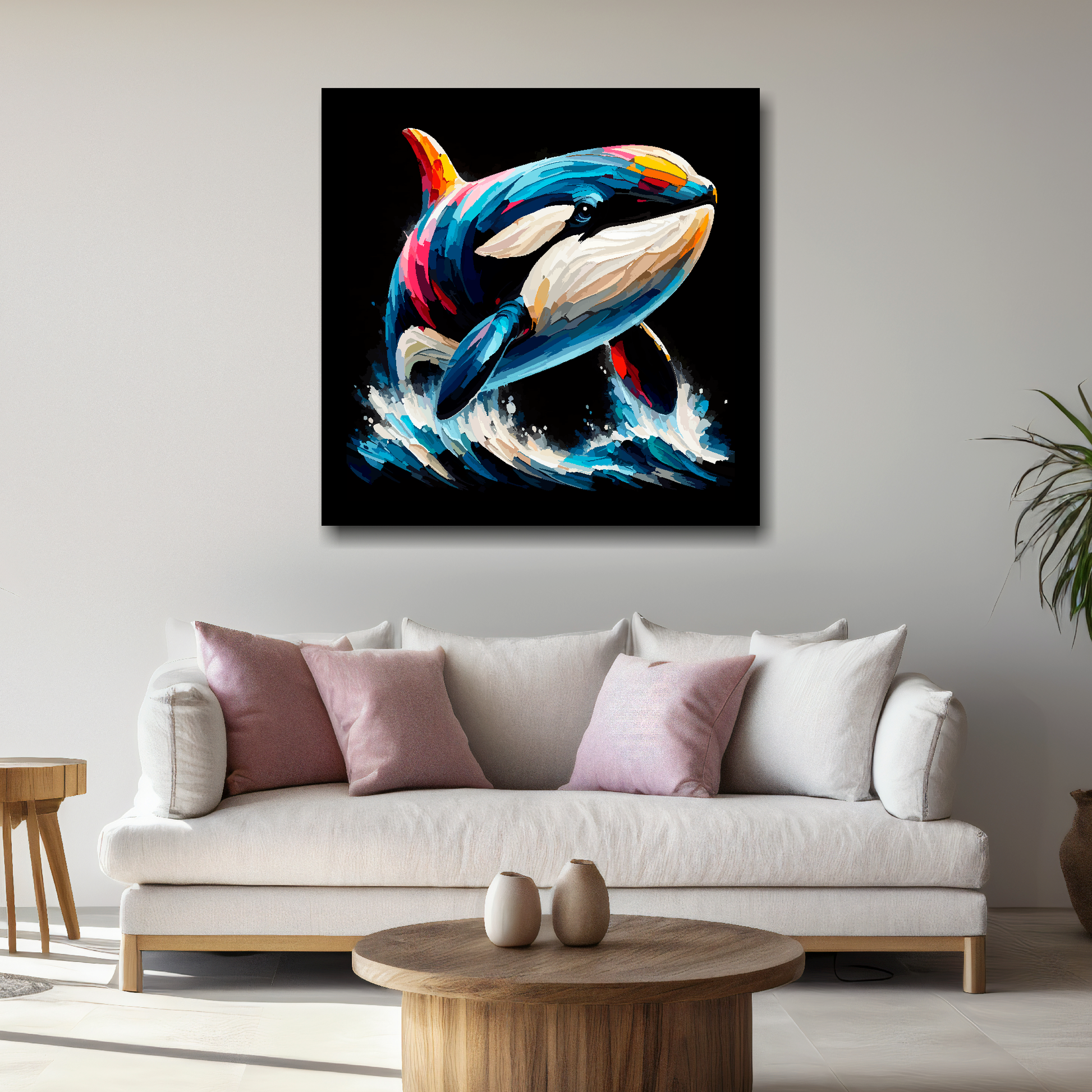Large Killer Whale canvas above white sofa - vibrant abstract wildlife portrait wall art UK