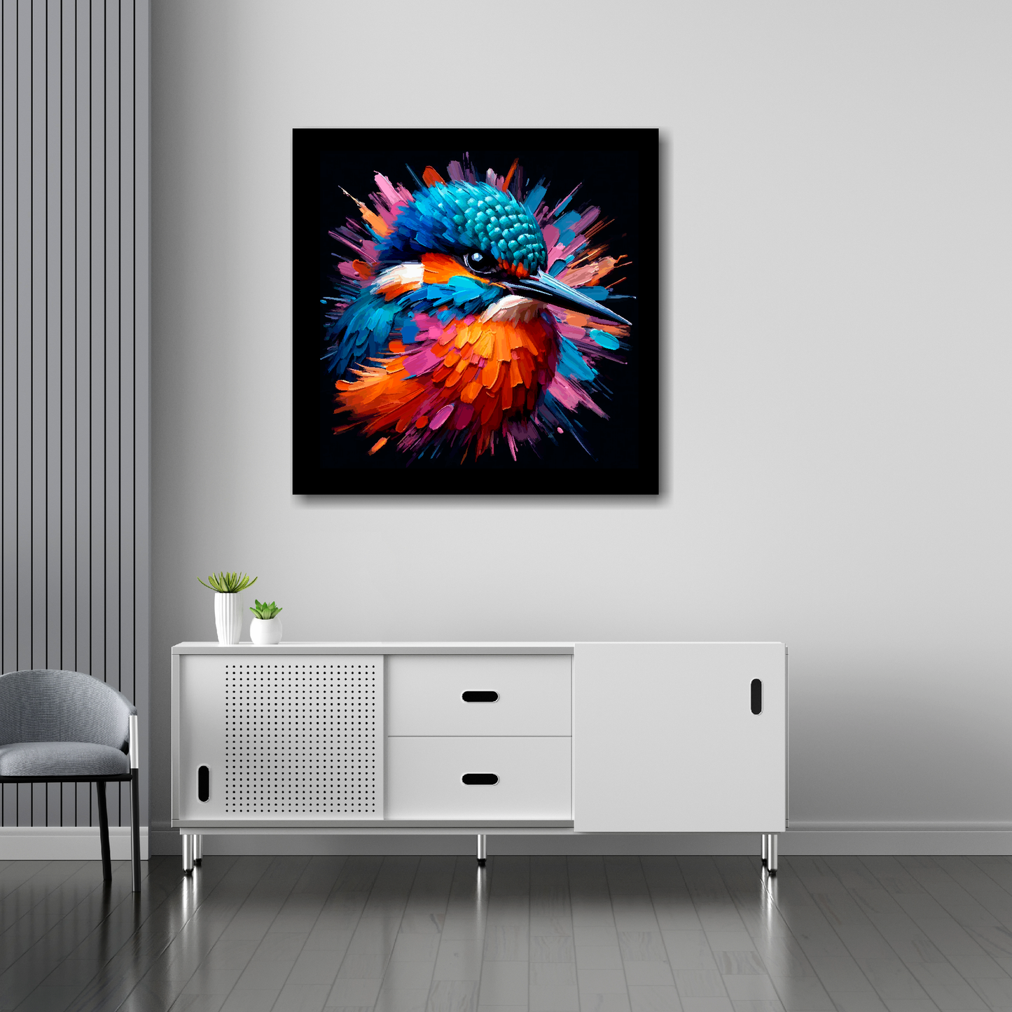Kingfisher canvas 30x30 inches above sideboard - large colourful bird portrait UK made