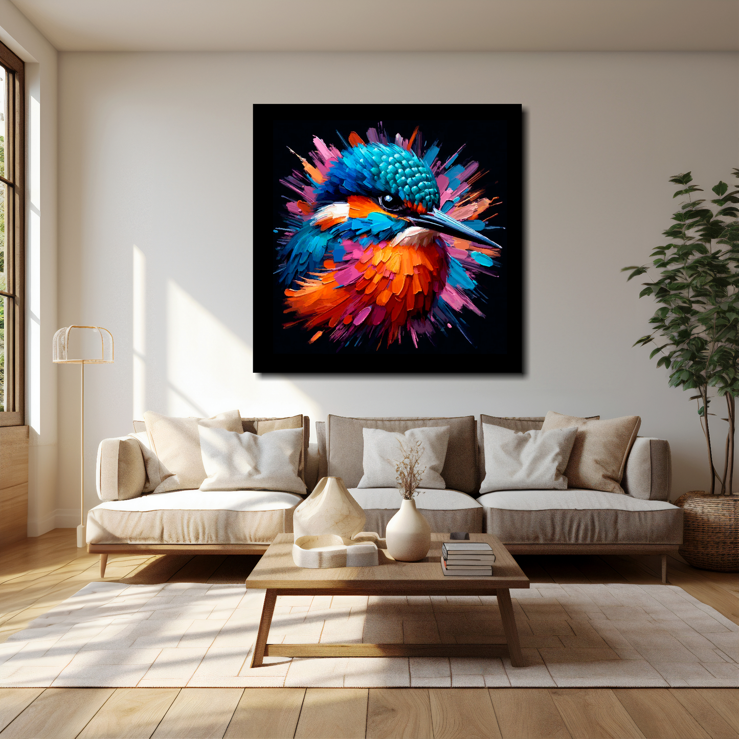 Kingfisher canvas 40x40 inches above cream sofa - XL vibrant bird wall art UK