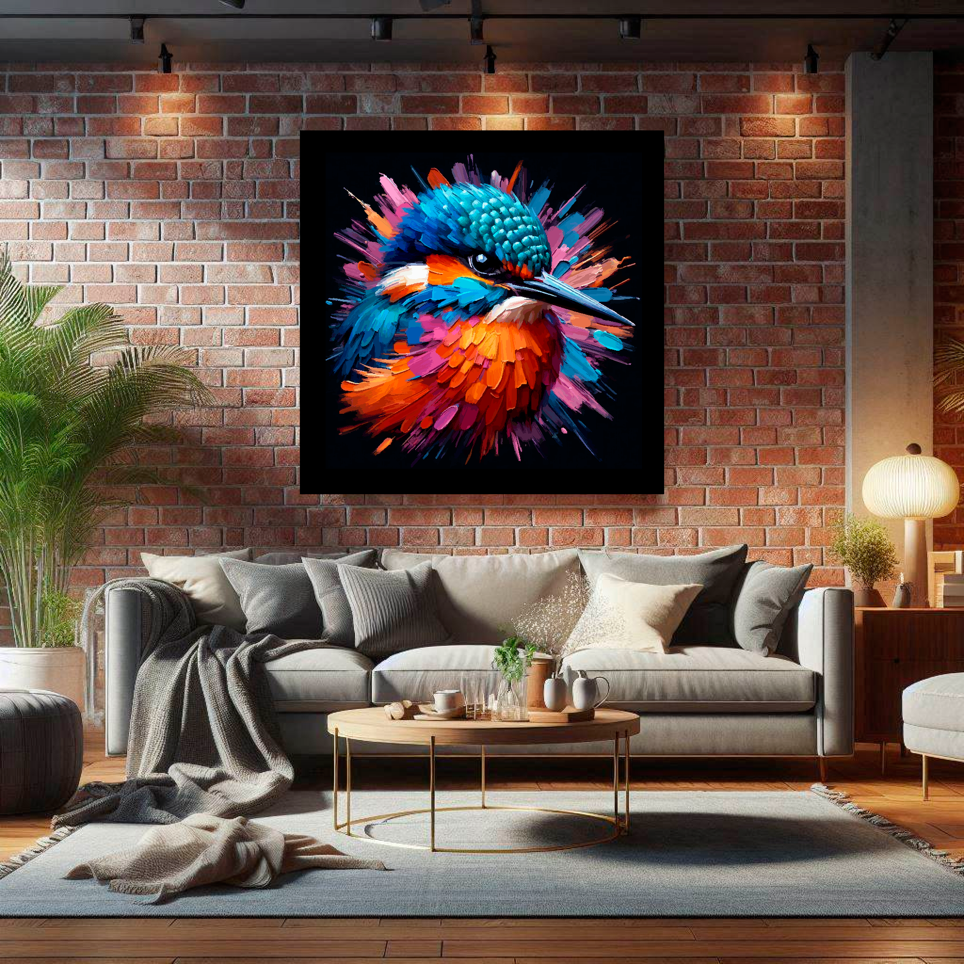 Large Kingfisher canvas on brick wall above grey sofa - bold bird portrait UK living room