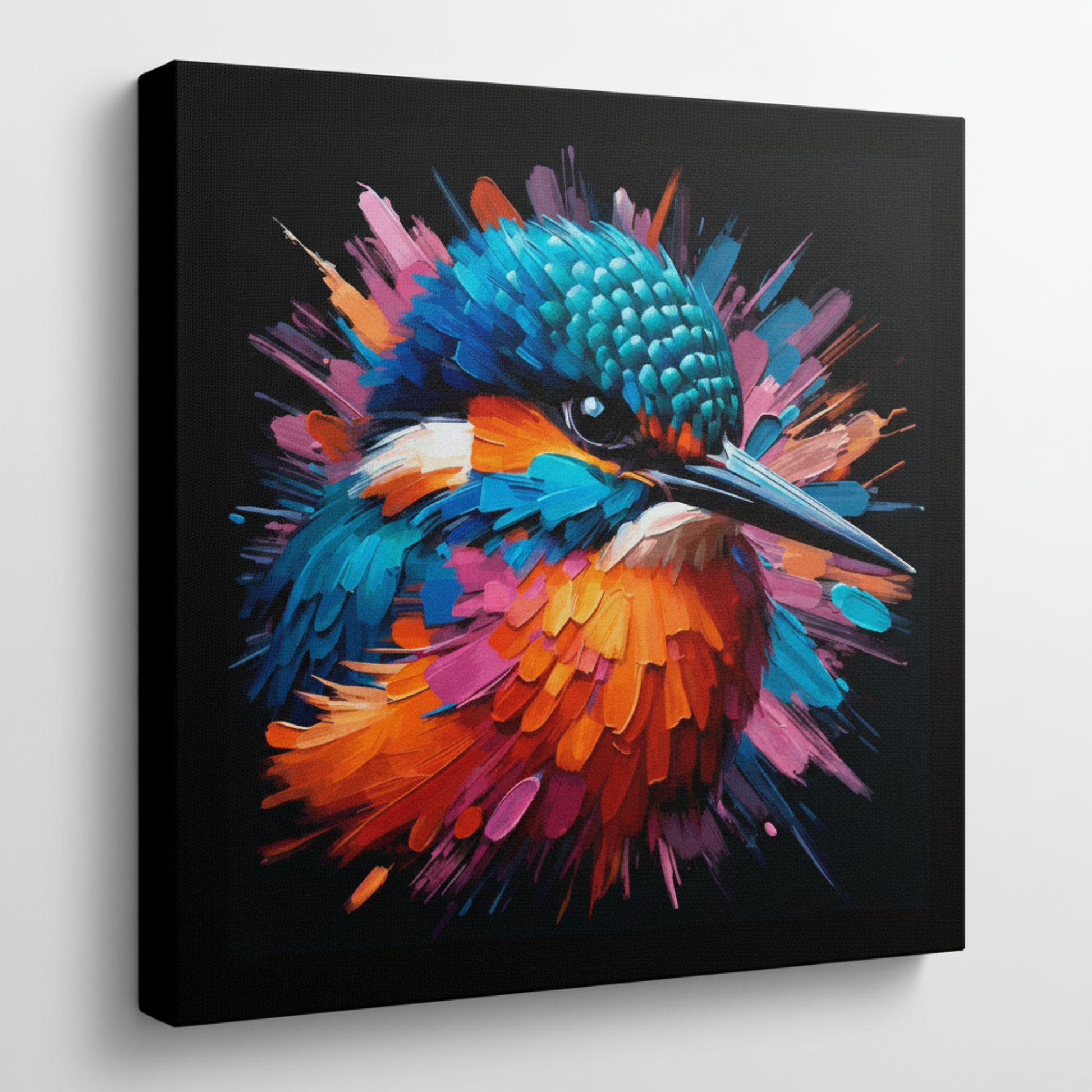 Colourful Kingfisher bird portrait canvas print - UK made abstract wildlife wall art black background