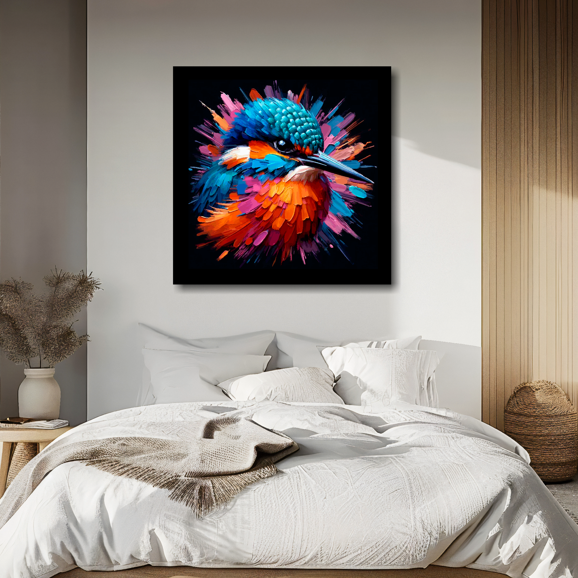 Kingfisher portrait canvas above bed - colourful bird wall decor for UK bedrooms