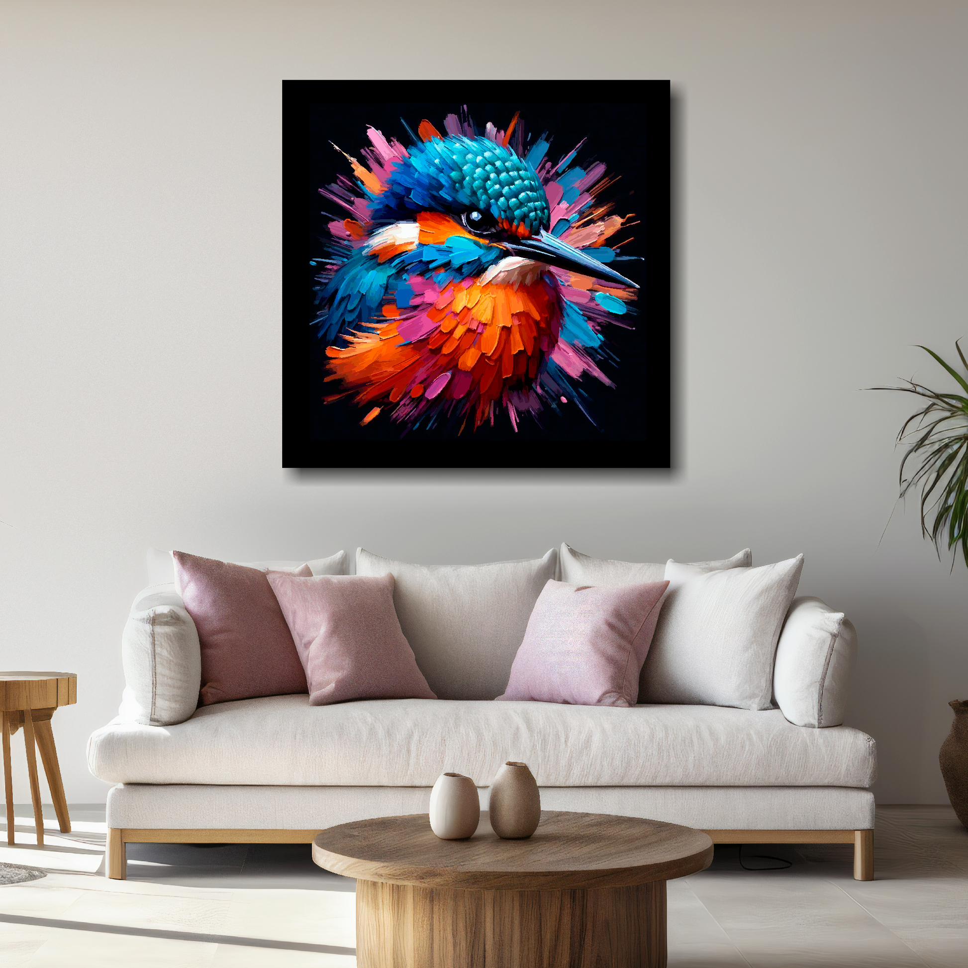 Large Kingfisher canvas above white sofa - vibrant abstract bird portrait wall art UK